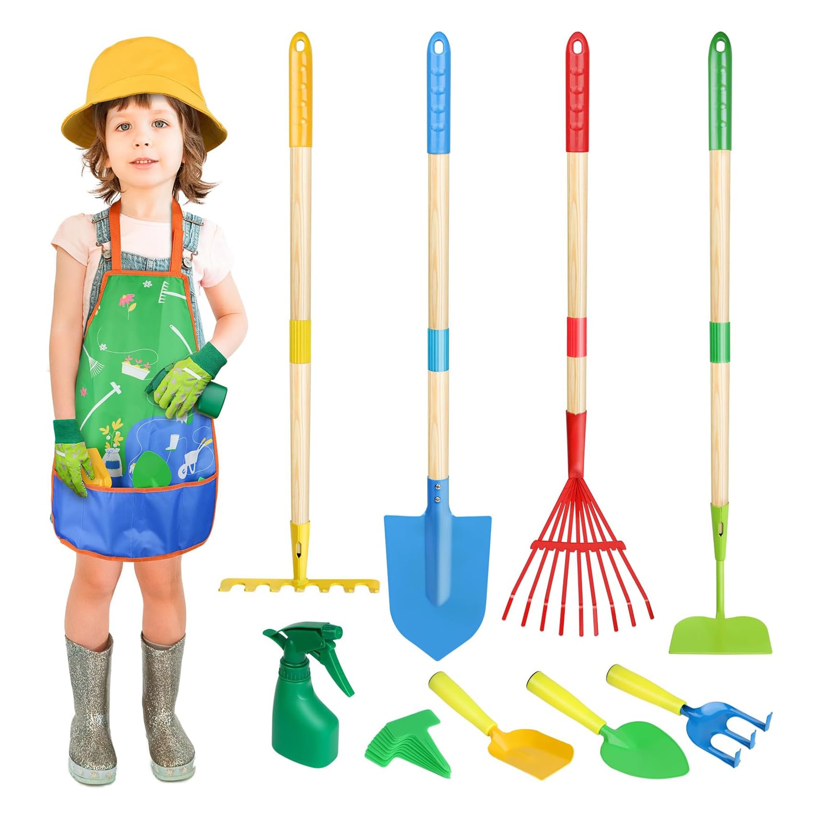 Afoxsos 22 Pcs Kids Gardening Tools Set with Metal Shovel Rake Hoe Leaf Rake Apron Gloves Spray Bottle Plant Tags for Outdoor Play Ages 3 and Up