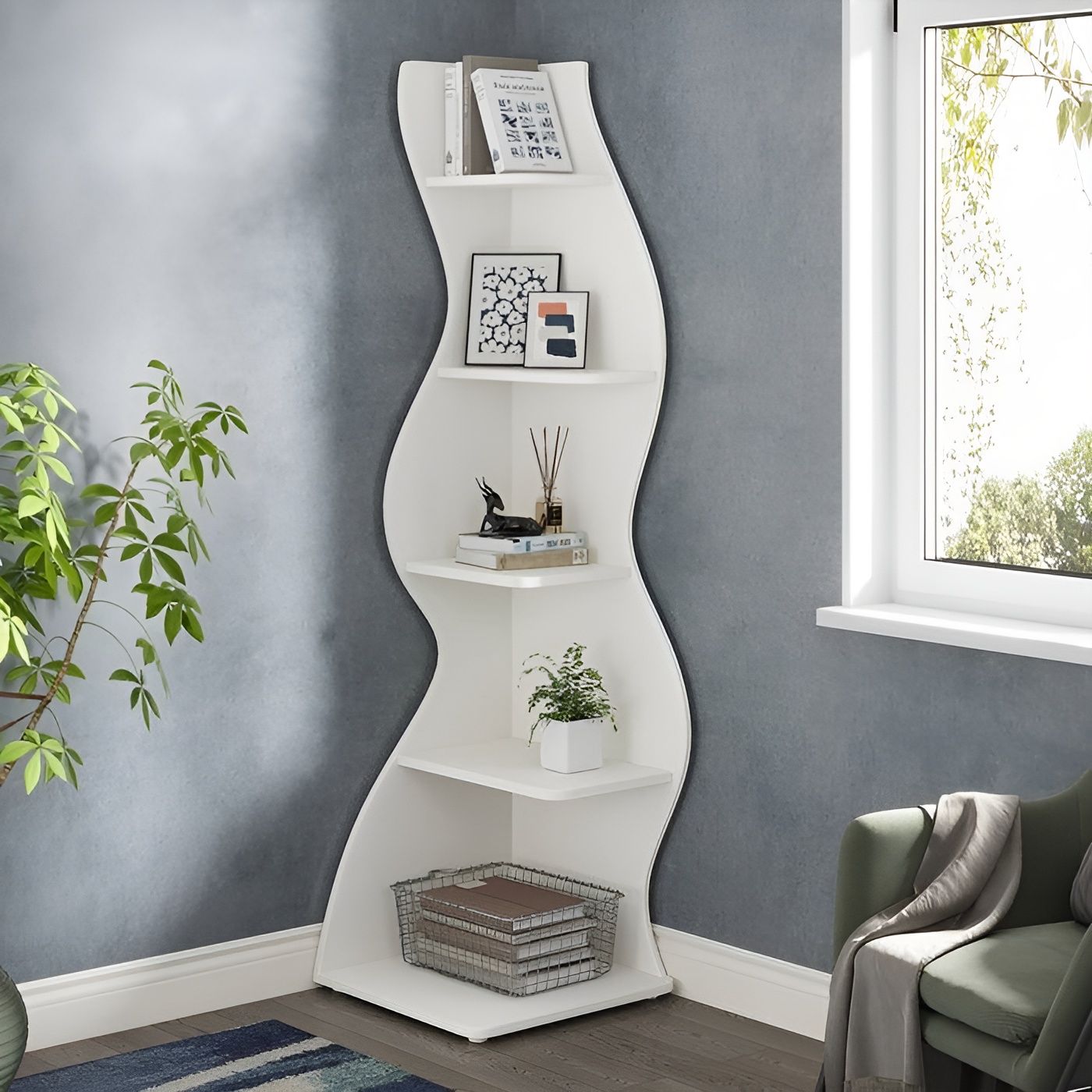 Slickblue Modern 5 Shelf Corner Bookcase in Wood Finish- Living Room ...