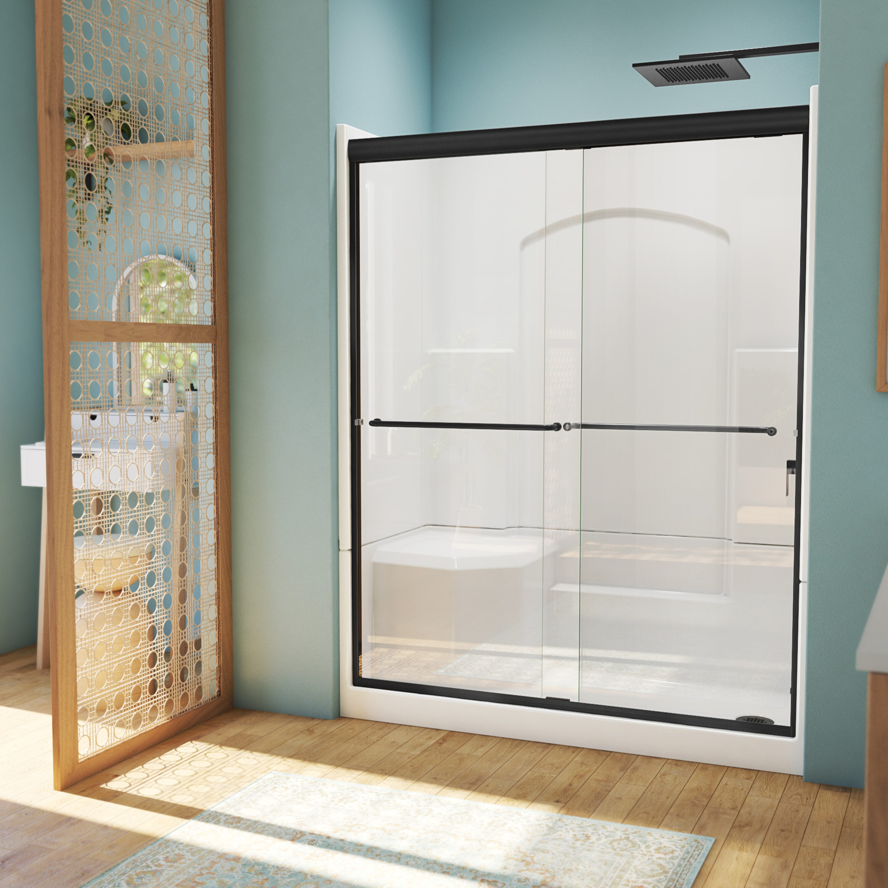 Laurel Mountain L3260SH1S4PLWM3 Slayden 5 -Piece 32-in W x 60-in L x 77-in H Alcove shower kit ( Right Drain) with Integrated Seat Base, Wall, Door and Drain Included Black