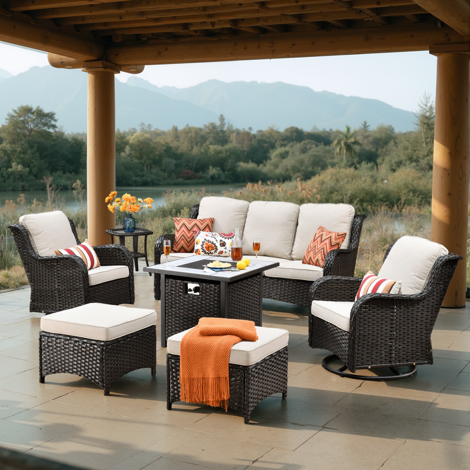Pouuin SFPRGNTC706 7 -Piece Wicker Patio Sofa Conversation Set with Beige Olefin Cushions