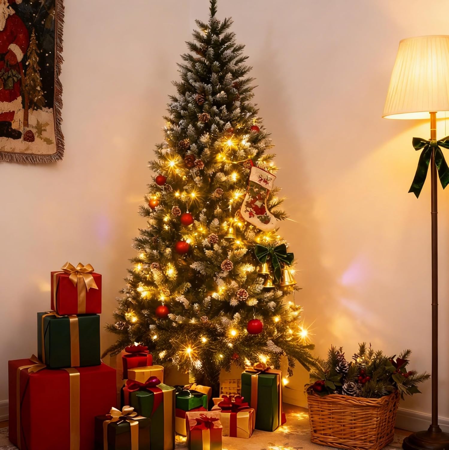 Qeetex QET-CT-Q6GP66 Snow Flocked Artificial Christmas Tree 7.5FT Pre-Lit Christmas Tree with Pinecones Xmas Trees with Hinged Structure and Foldable Metal Stand Easy Setup for Holiday Decor