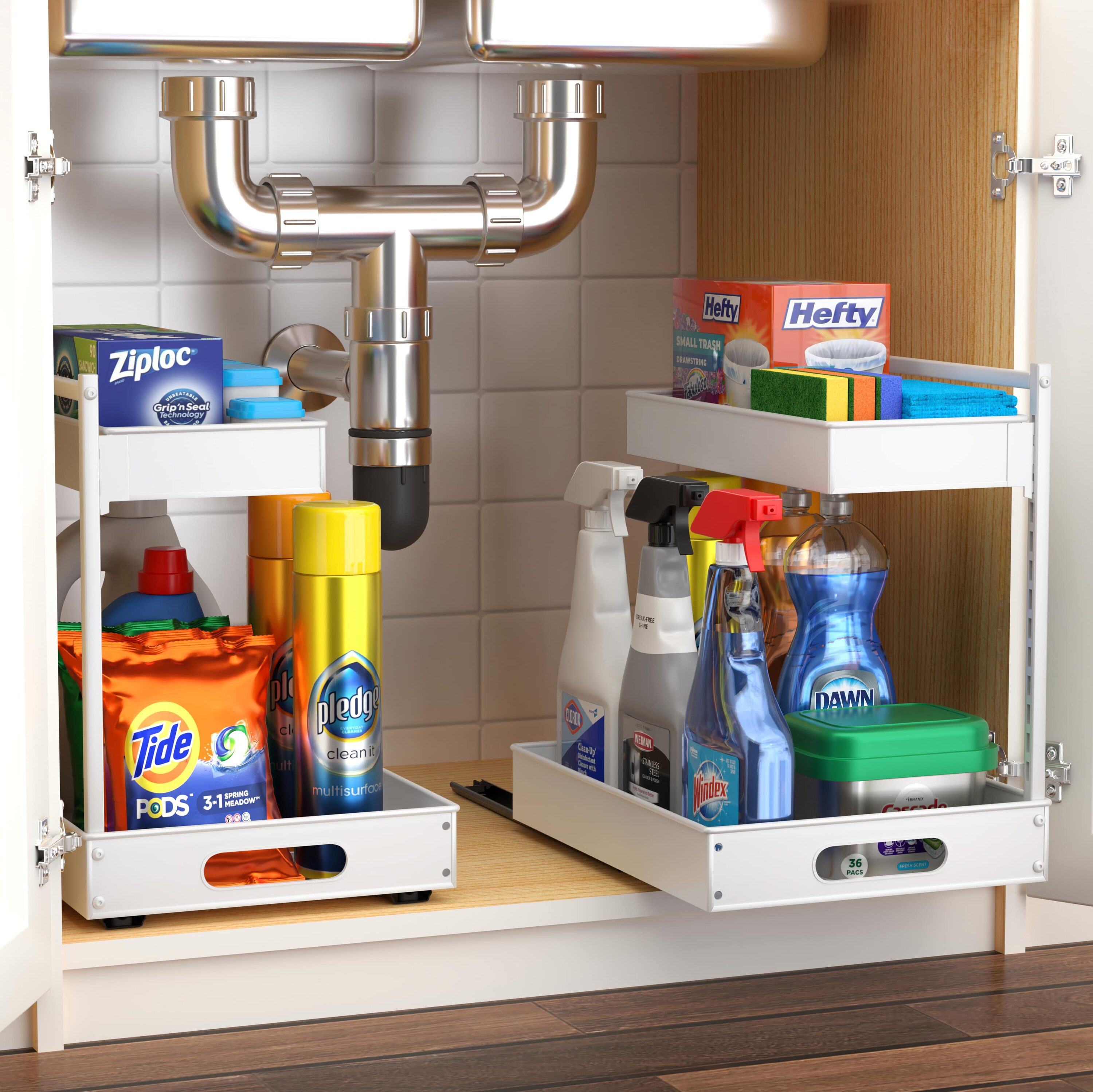 SORBUS  2 Pack 2 Tier Pull Out Under Sink Organizer and Adhesive Tape for Kitchen and Bathroom