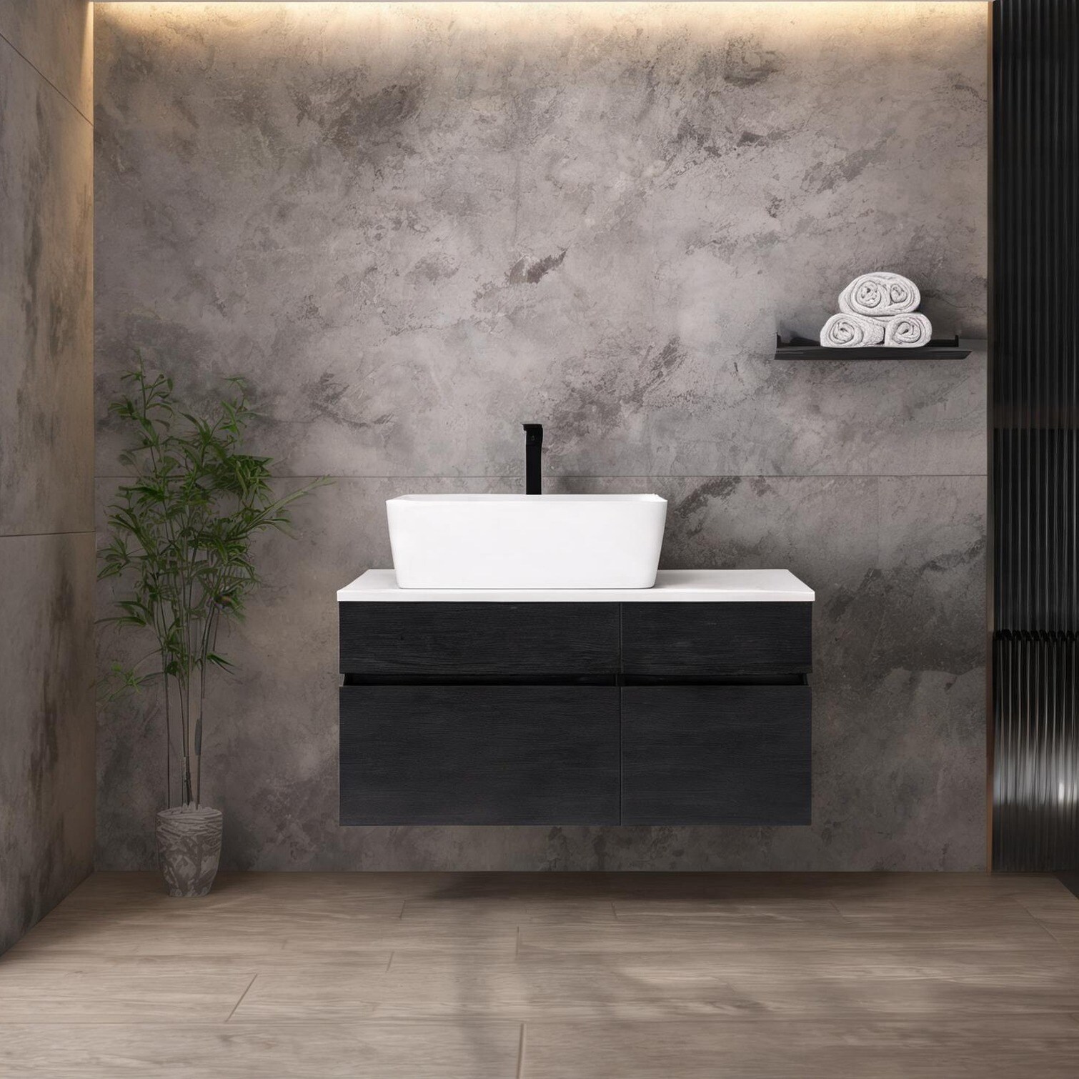 SunJet 31.5-Inch Floating Bathroom Vanity with Sink Modern Wood Cabinet in Classic Black