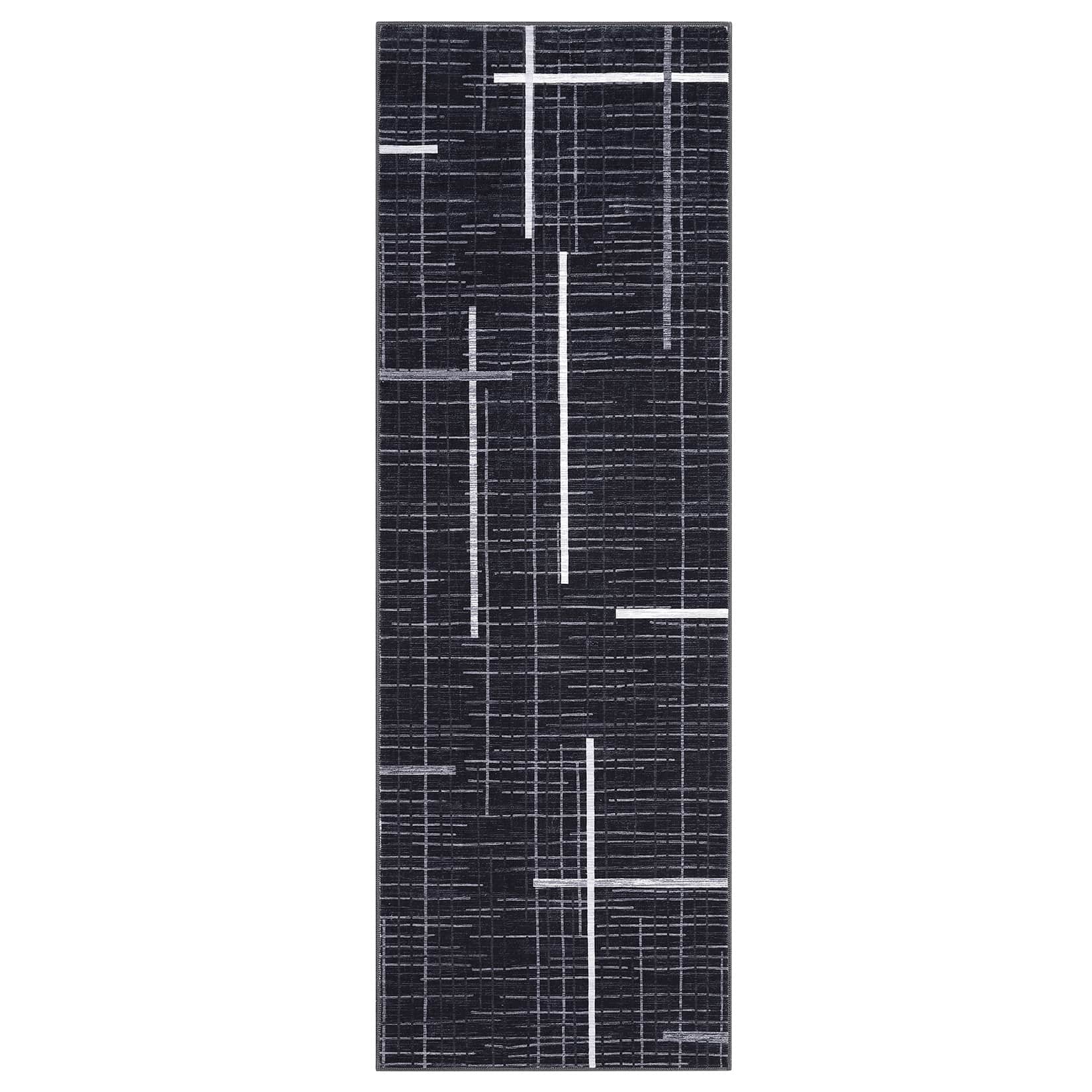 Qeetex LSN-PHK-339LE9GQ 2 x 6 ft Polyester Yarn Cashmere Black Rectangular Hallway Bathroom Entryway Kitchen Office Foldable Geometric Modern Washable Area Rug