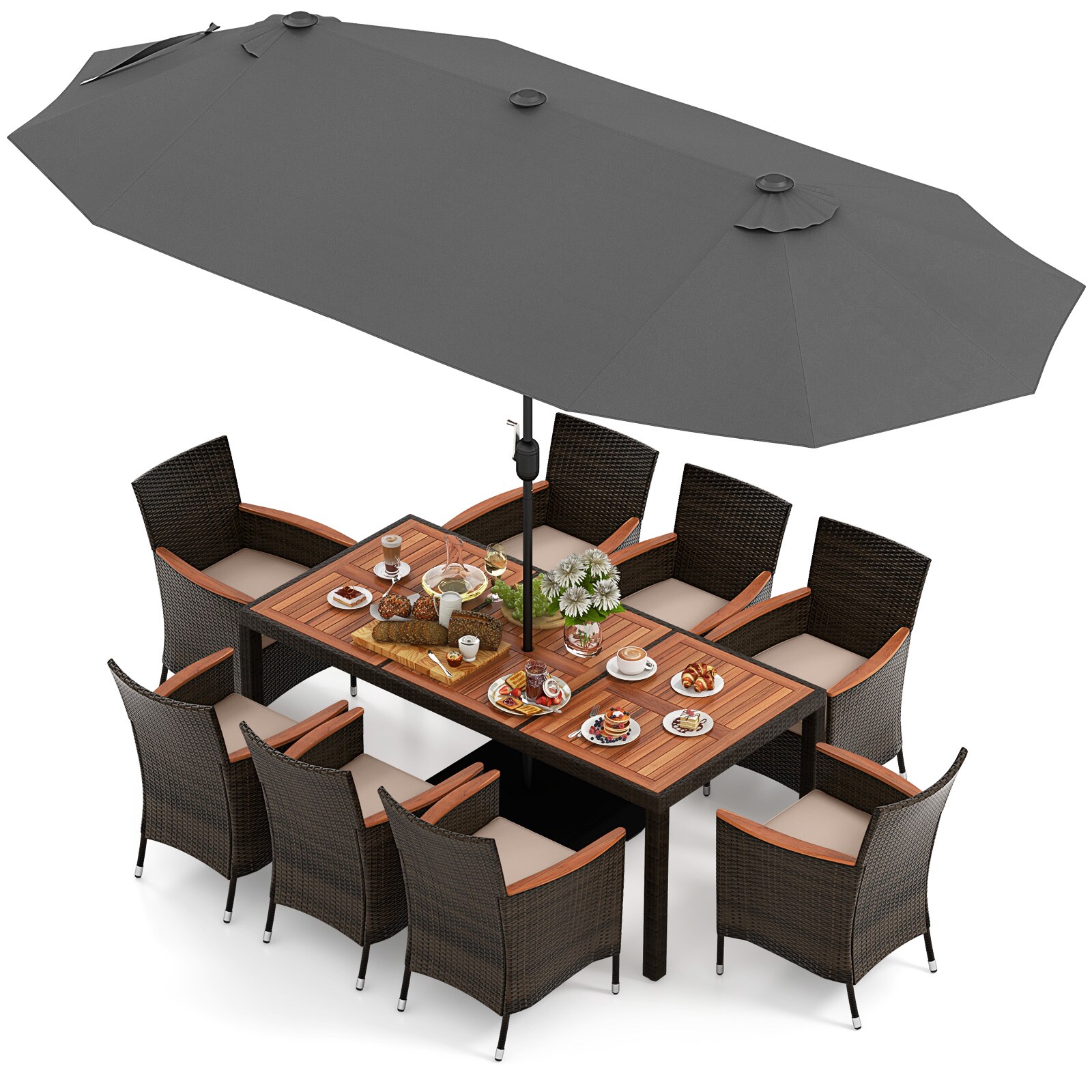  OD18814HSHWNP Patio Dining Sets 11 -Piece Mix Brown Rattan Patio Dining Set Wood Rectangle Table with 8 Beige Cushions Stackable Stationary Chairs and Umbrella Included