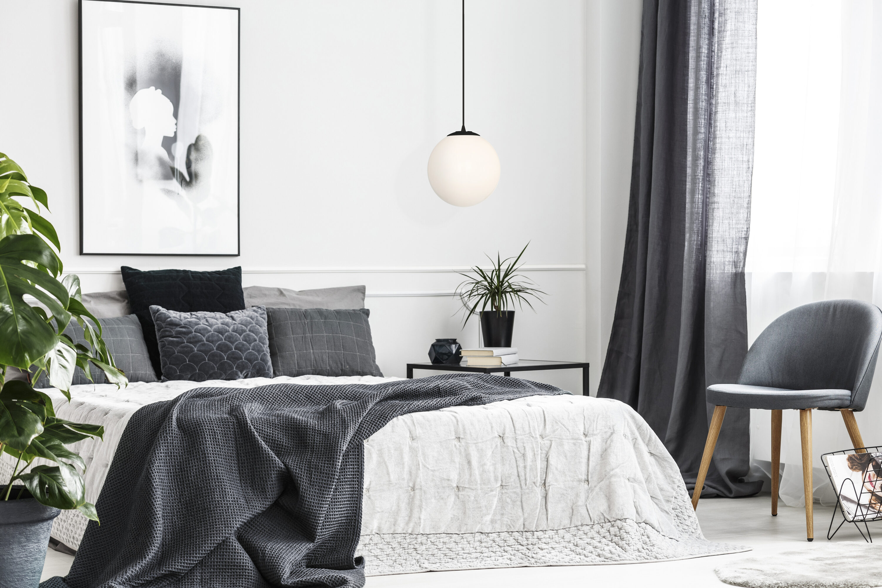 Matte Black Modern Globe Pendant Light with Opal Glass Shade
