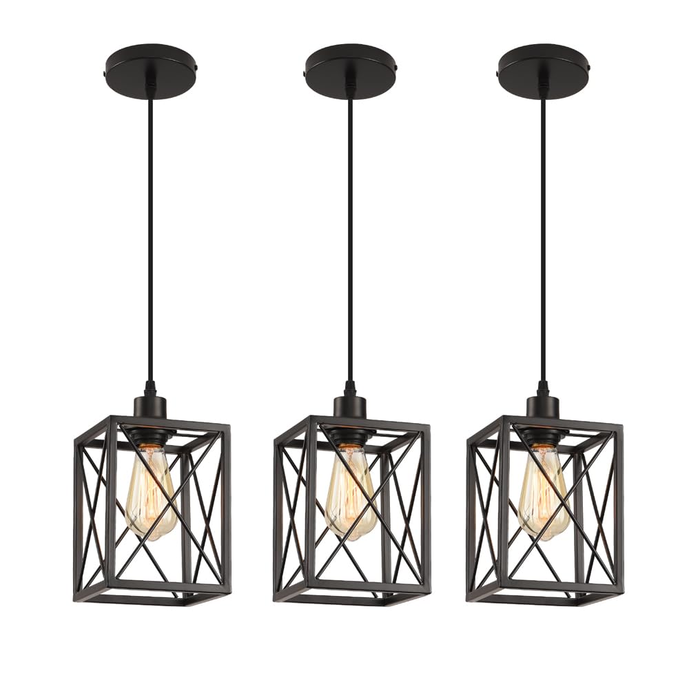 Aoibox  Black Square Pendant Light Set of 3 with Adjustable Hanging Cord Modern Kitchen Island Ceiling Light