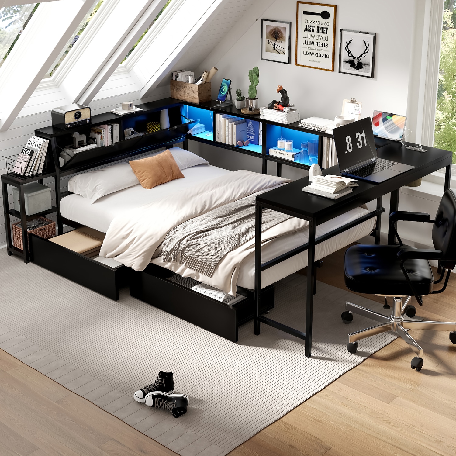 GZMR Full Black Metal Bed Frame Storage with Headboard