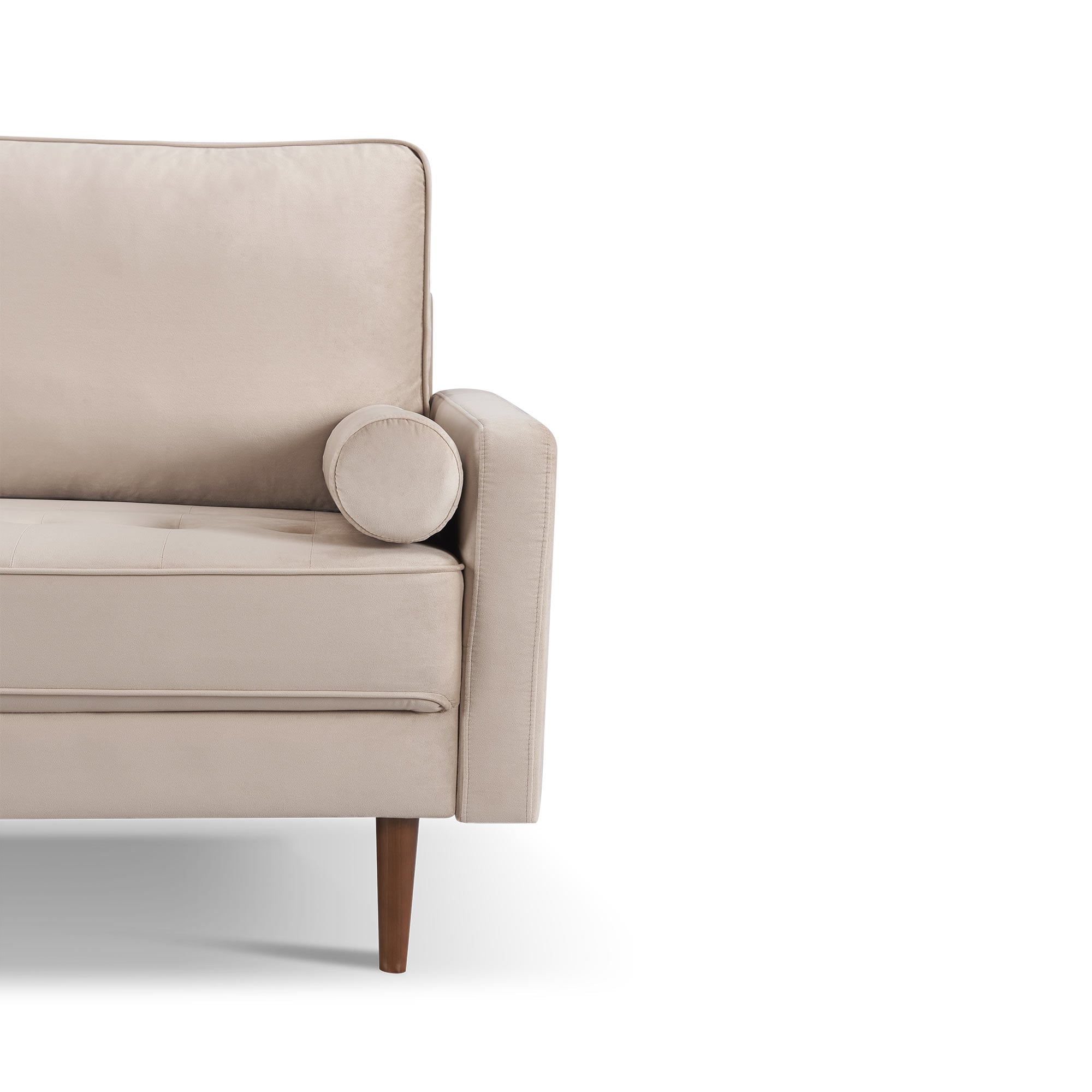 Beige Velvet Loveseat with Wood Legs and Bolster Pillows