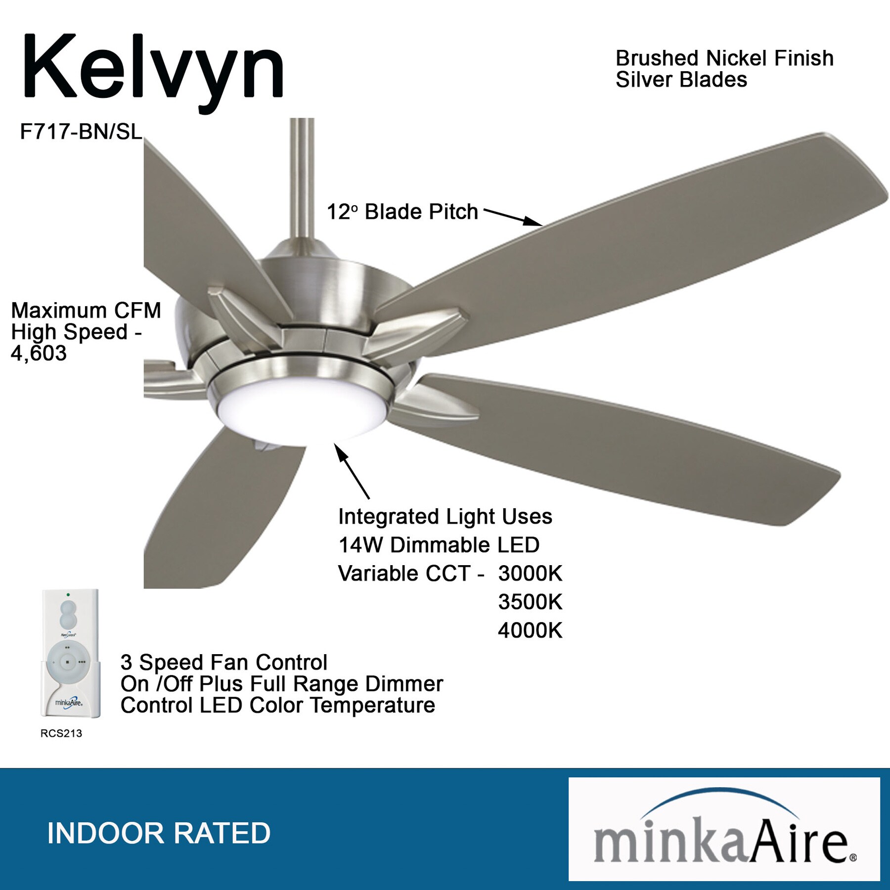 Kelvyn 52" Brushed Nickel Ceiling Fan with Silver Blades and LED Light