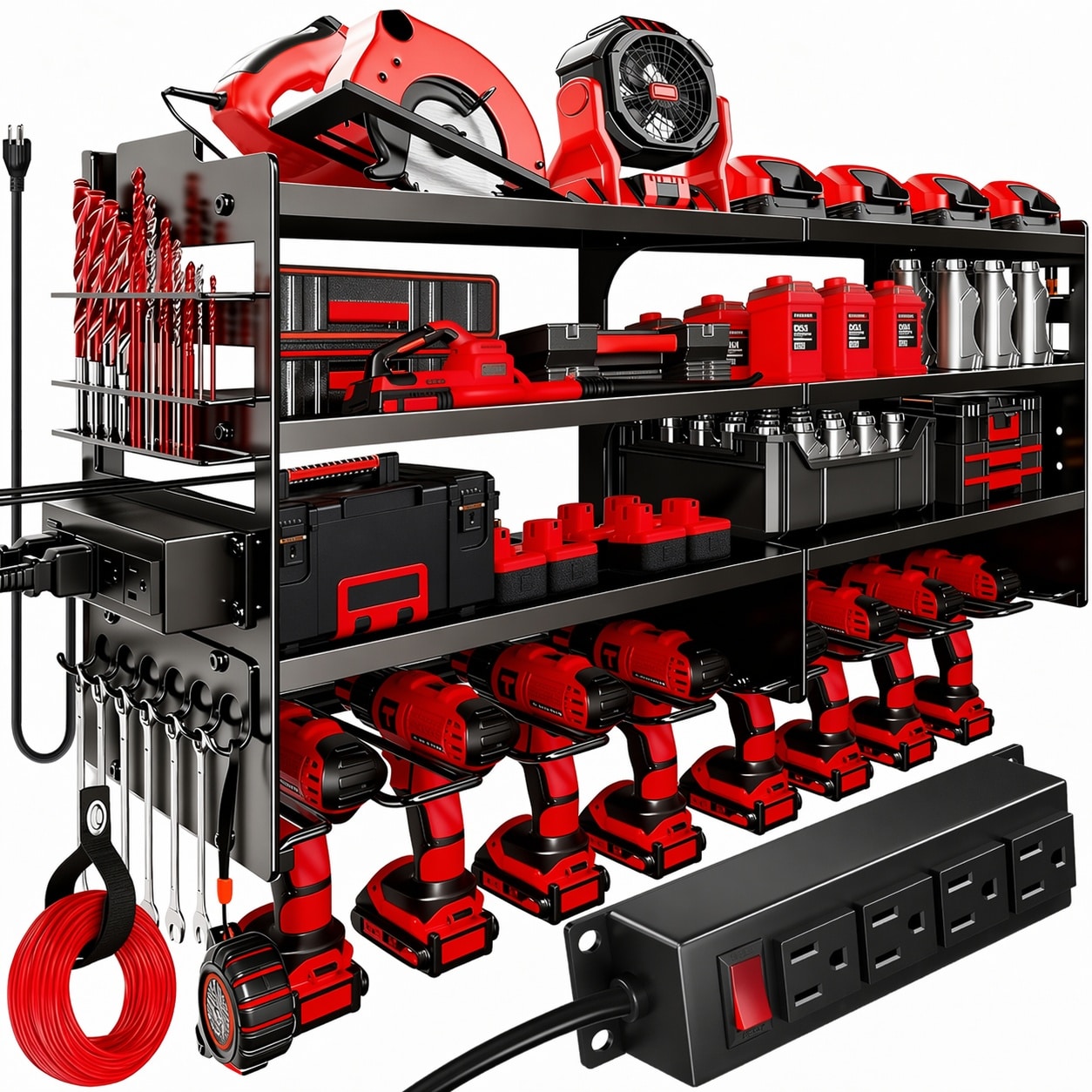 Oyezvary  33 Inch Power Tool Organizer with Charging Station 4 Layer Metal Storage Rack Wall Mount Drill Holder with Power Strip for Garage