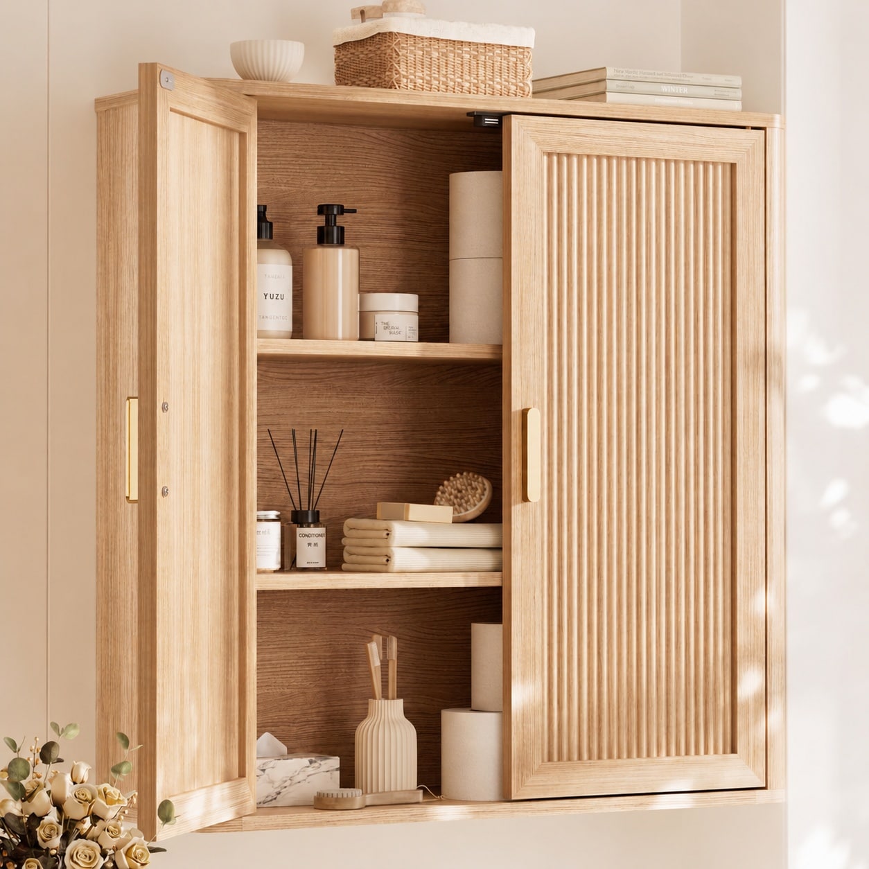 CYIKE  Wooden Bathroom Storage Cabinet Over the Toilet with Adjustable Shelf and Doors for Laundry Room Kitchen and Living Room Natural Oak