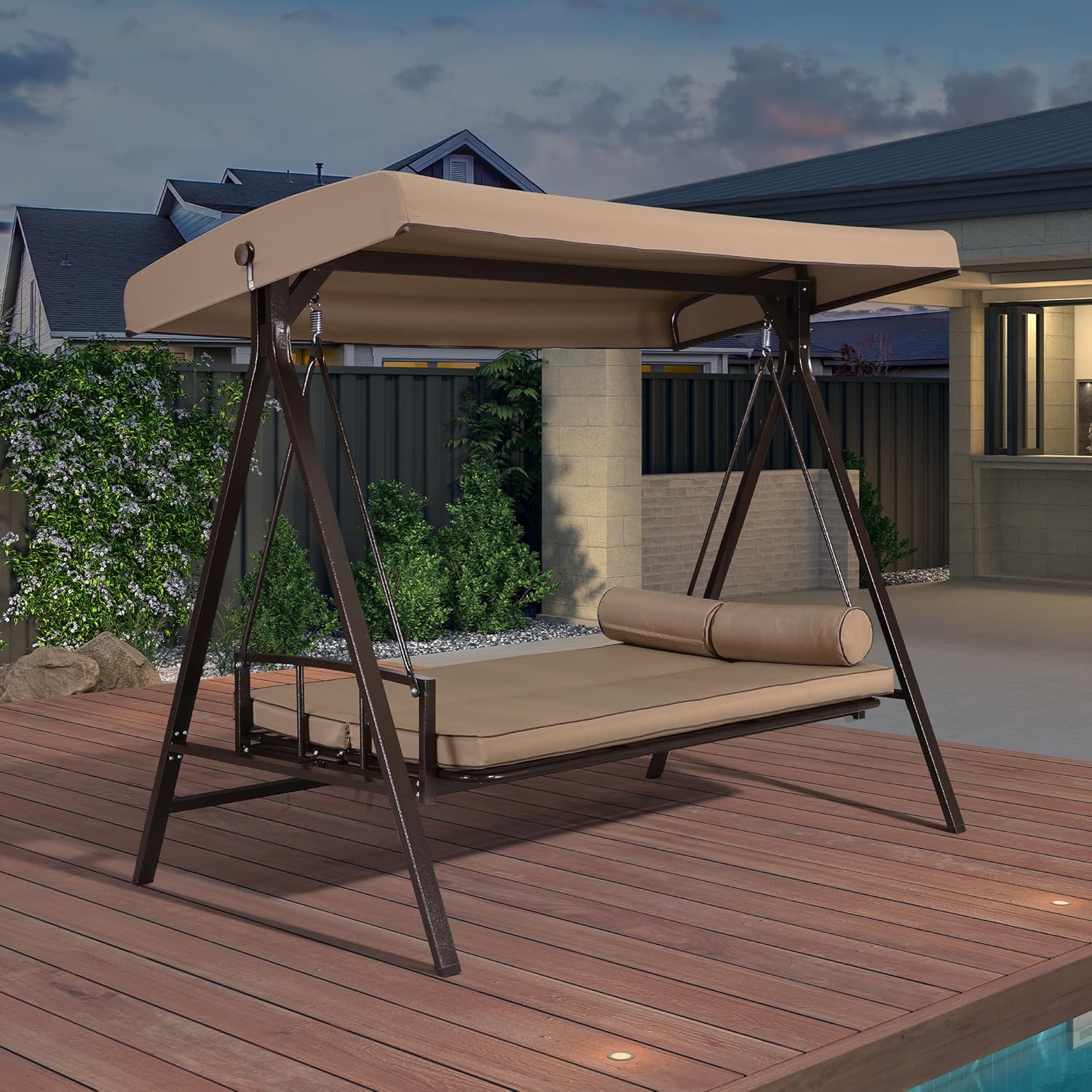 PURPLE LEAF LS04-PSKT03-KK Adjustable Backrest, 3-seat Swing Chair 3 -person Bronze Aluminum Outdoor Swing