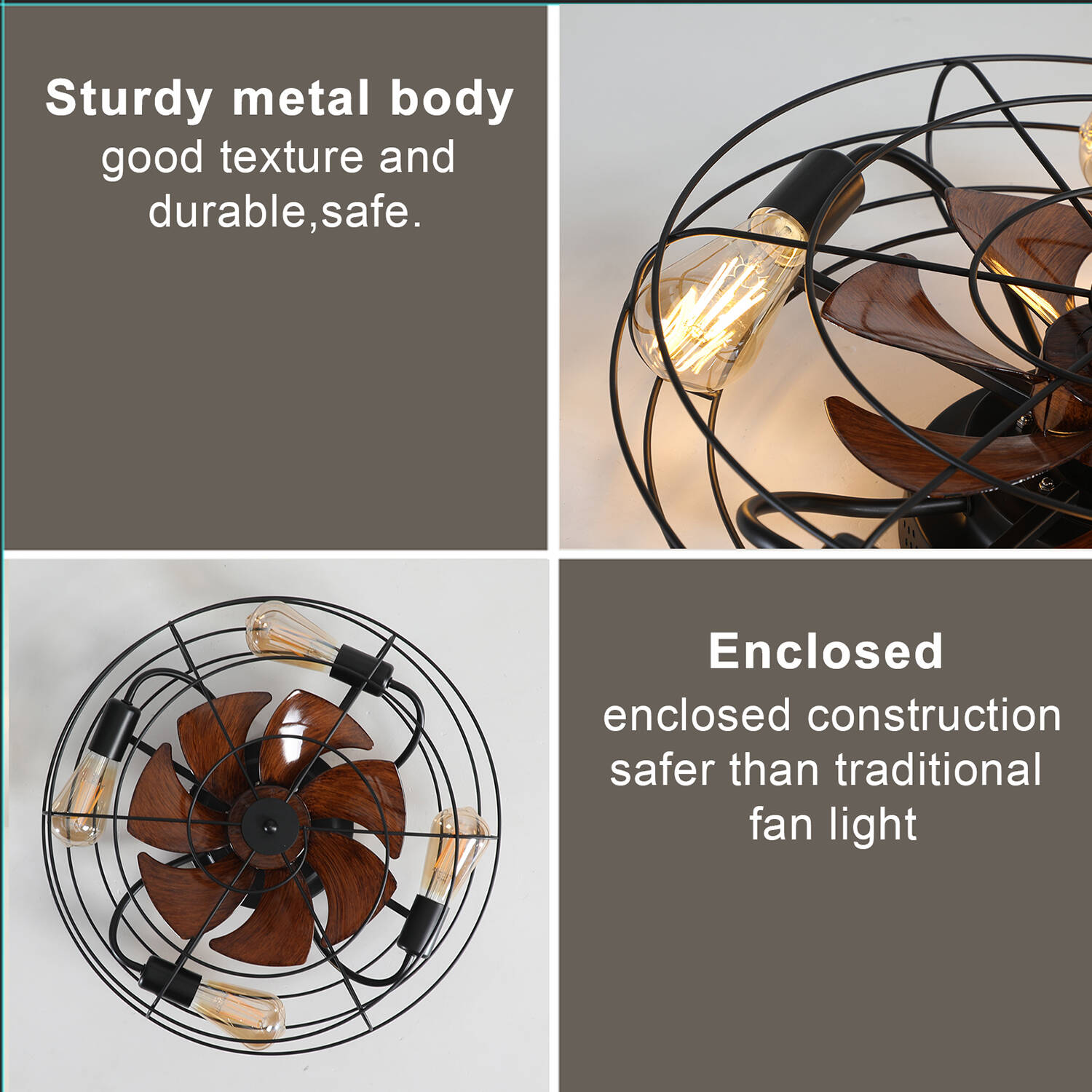 SINOFURN 20-in Black Indoor Flush Mount Cage Ceiling Fan and 