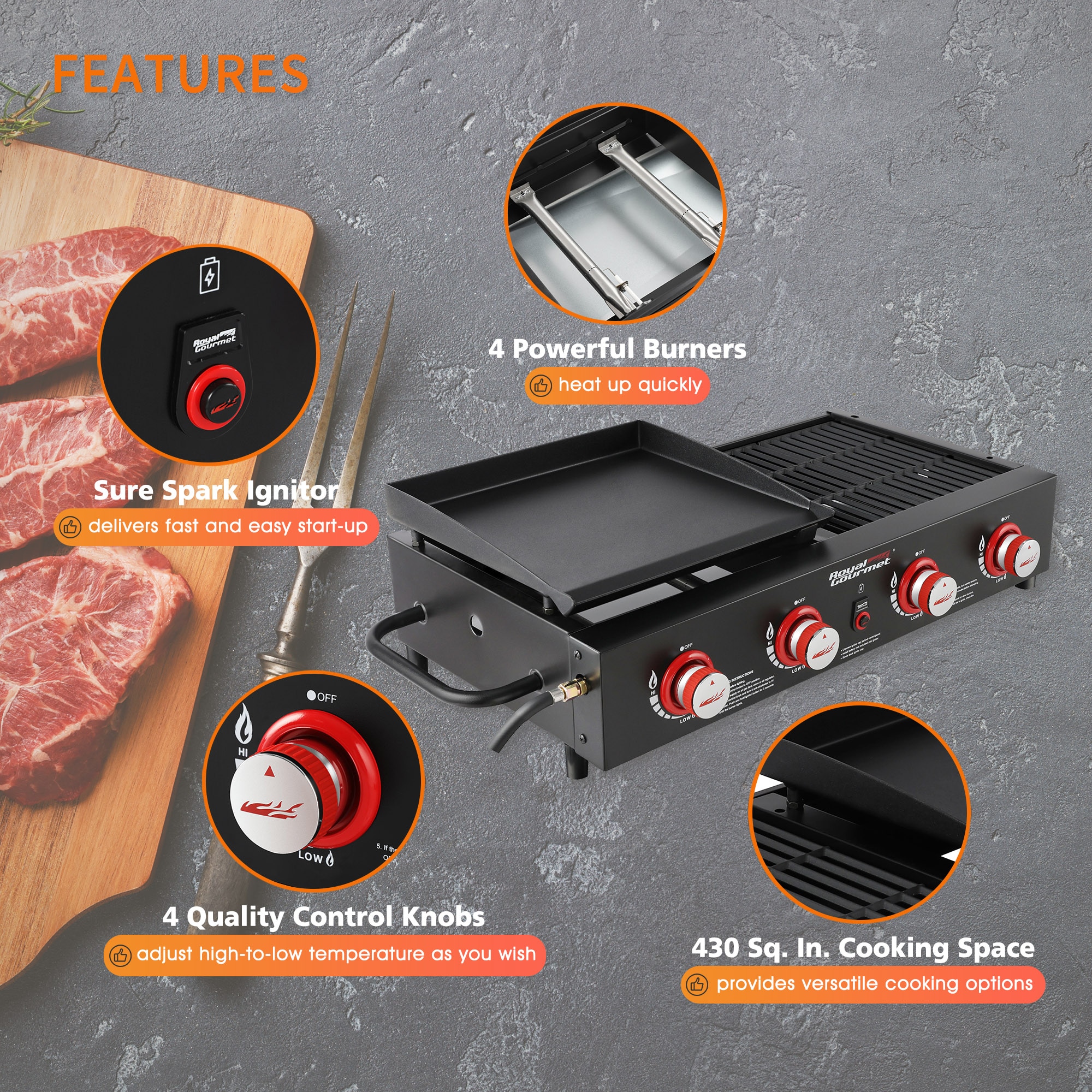 Royal Gourmet Gas 4-Burner Portable Flat Top Grill and Griddle Combo with  Folding Legs, 48,000 BTU, Black, GD402 at Tractor Supply Co.