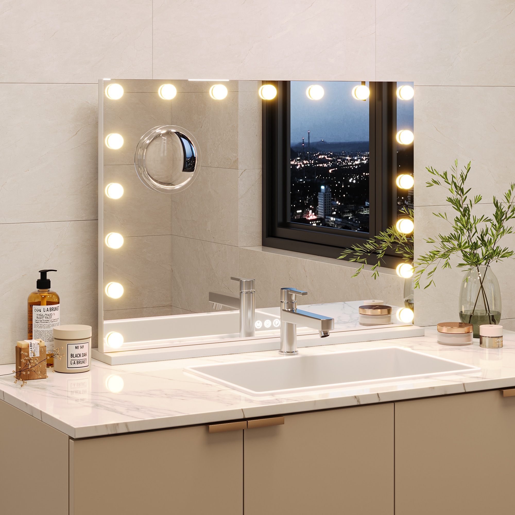 IdealHouse cinematic Vanity Mirror with Lights 32 inch x 24 inch Square 15 Dimmable Bulbs 3 Color Modes Touch Control 3X Magnification USB and Type C Charging Wall or Desk Mount White