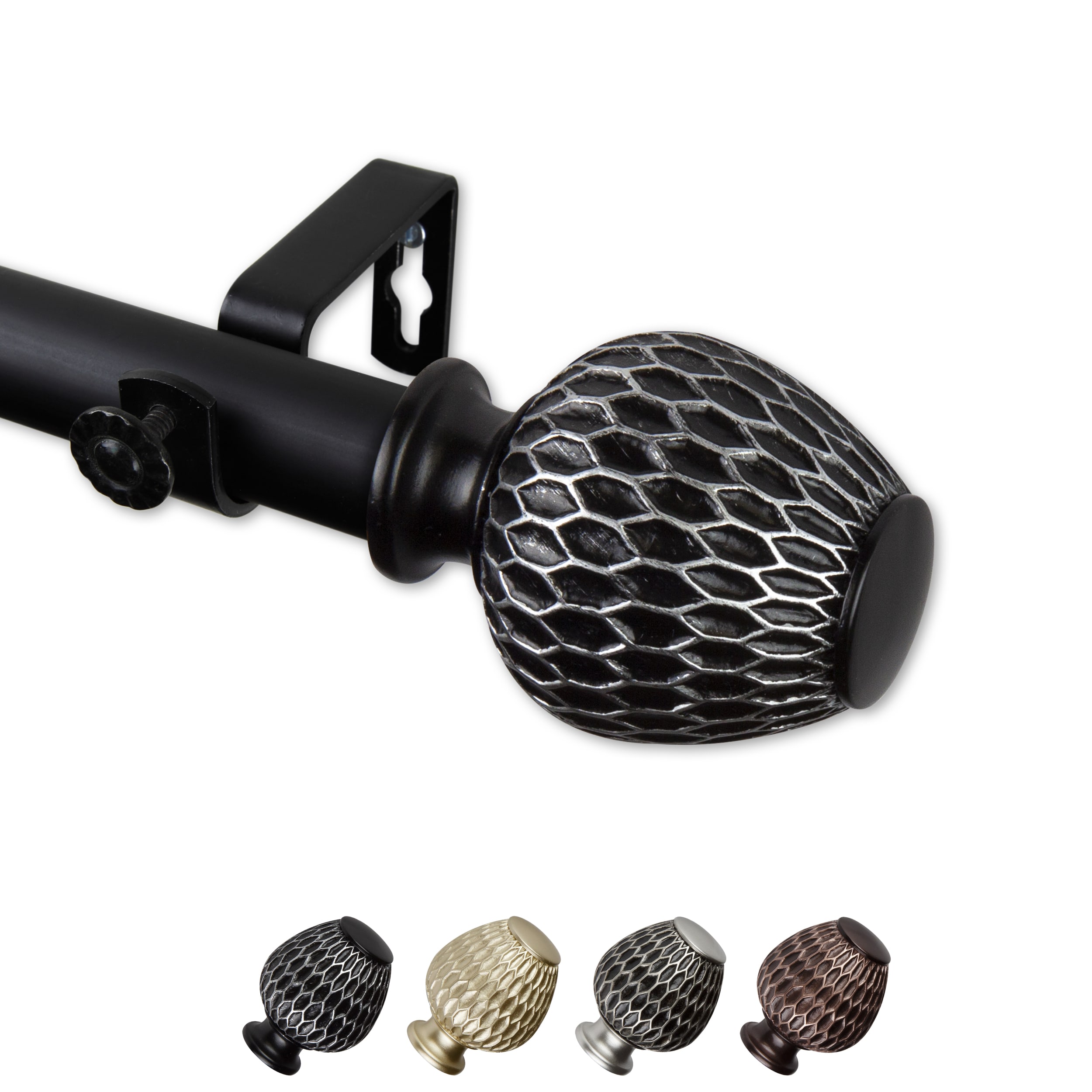 Hart & Harlow L-100-39-992 Ashley 1-in 120-in to 170-in Black Steel Single curtain rod with Finials