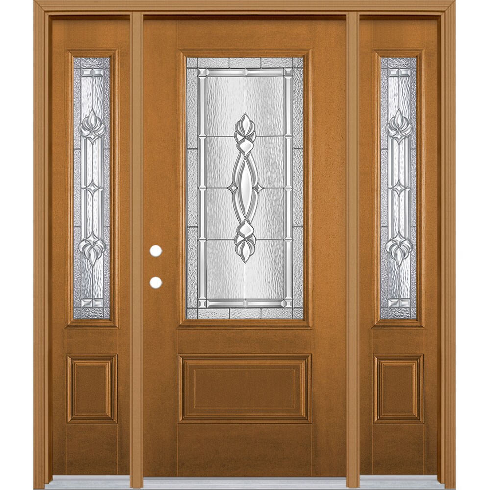 Masonite 3421664 Panama 60-in x 80-in x 4-9/16-in Fiberglass 3/4 lite Right-hand inswing Oakcrest Stained Prehung Single door with sidelights Front Door with Brickmould Insulating core Decorative glass