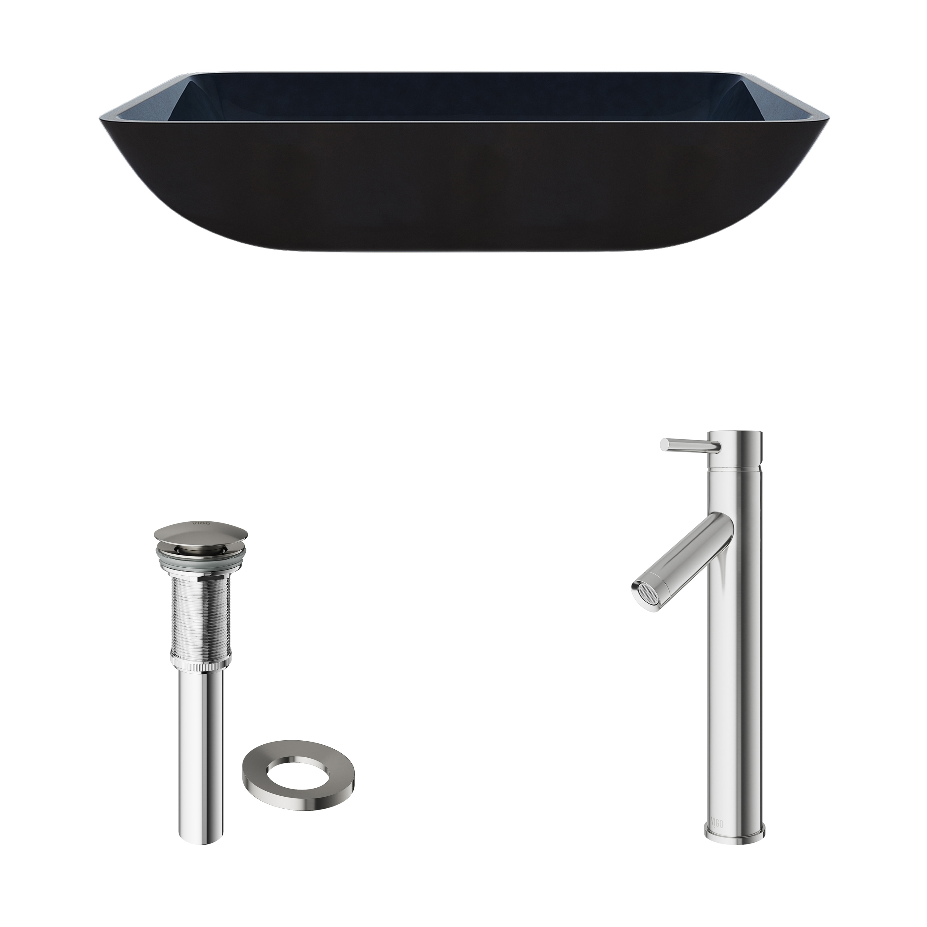 Turquoise Water Glass Rectangular Vessel Sink with Brushed Nickel Faucet