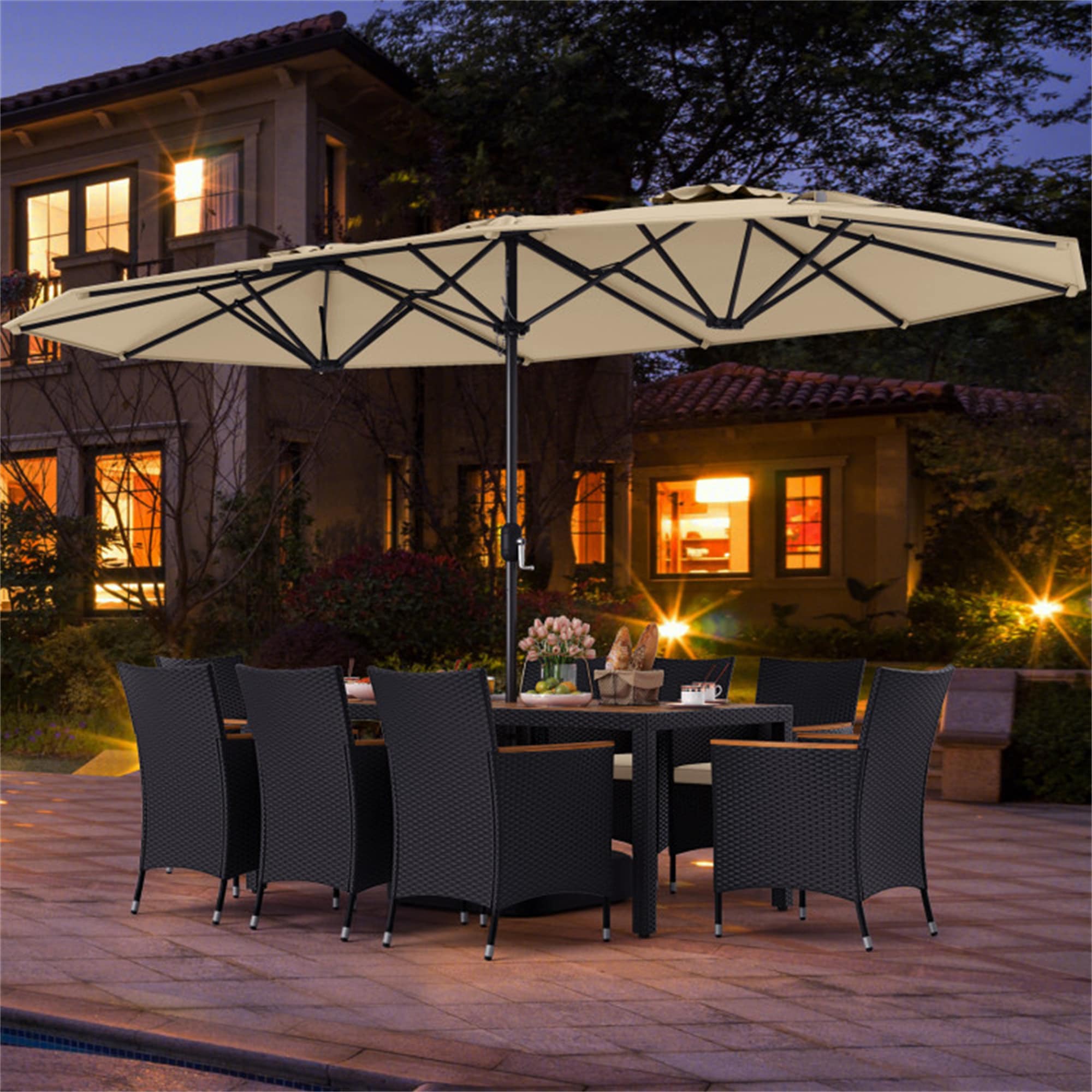 BABOOM BOM-7AAAORUST Outdoor Dining Set 10 -Piece Black Rattan Patio Dining Set Wood Rectangle Table with 8 Beige Cushions Stackable Stationary Chairs and Umbrella Included