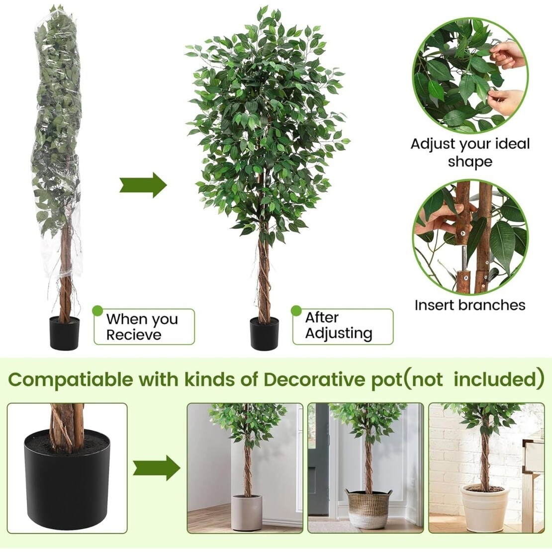 Garvee Set of 2 5ft Artificial Ficus Trees Dual Trunks Realistic Faux ...