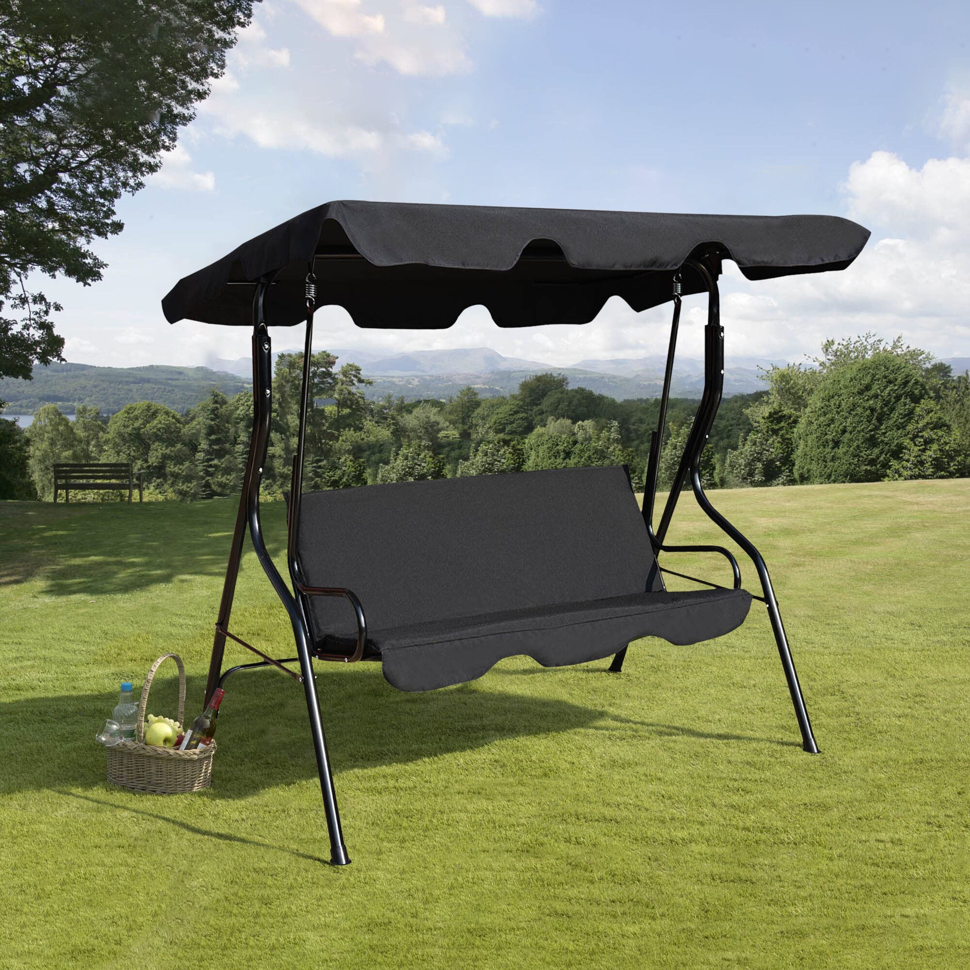 WELLFOR 3-person Black Steel Outdoor Swing in the Porch Swings ...