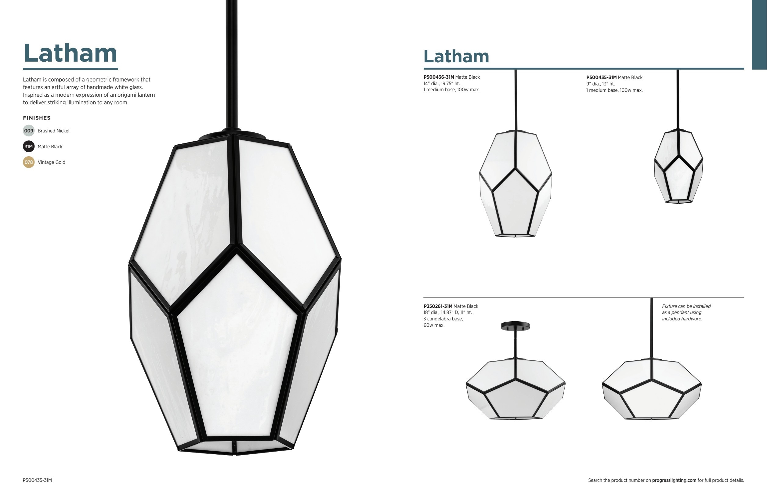 Latham Brushed Nickel Geometric Pendant Light with White Art Glass