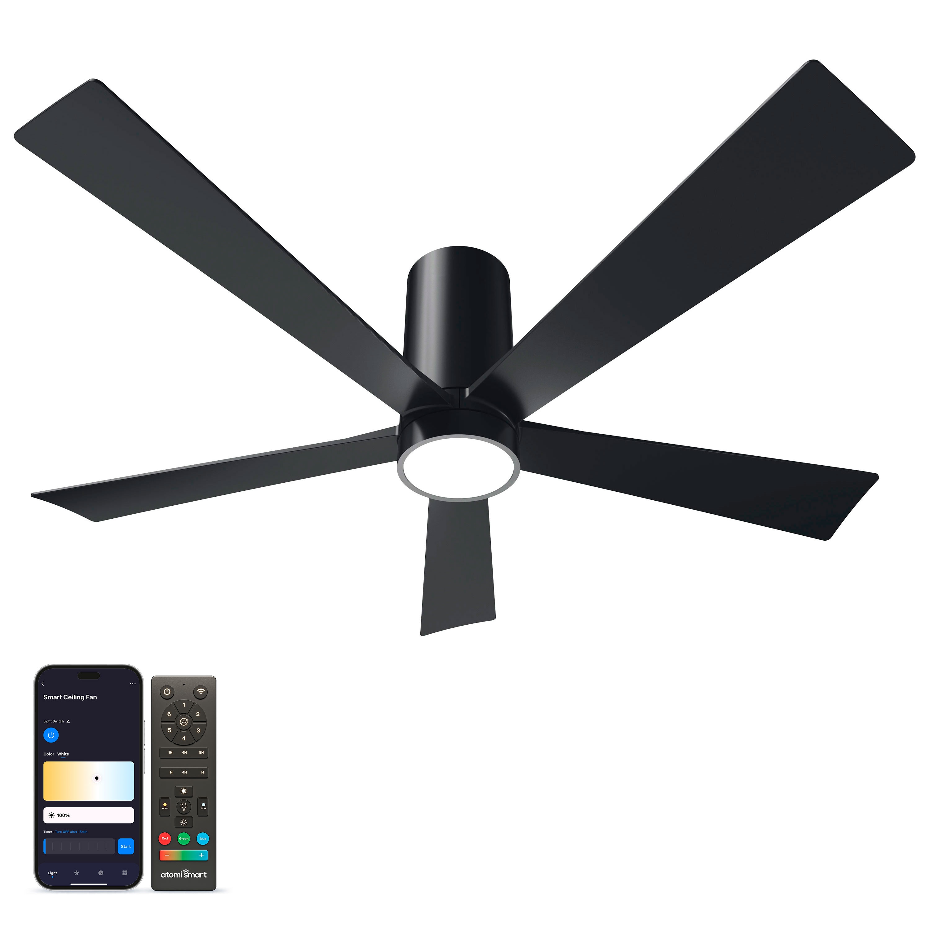 atomi smart AT2481-BB Nouvo 52-in Color-Changing Integrated LED Smart Pearl Black with Pearl Black Blades Ceiling Fan With Light - Remote Included ( 5 -Blade )