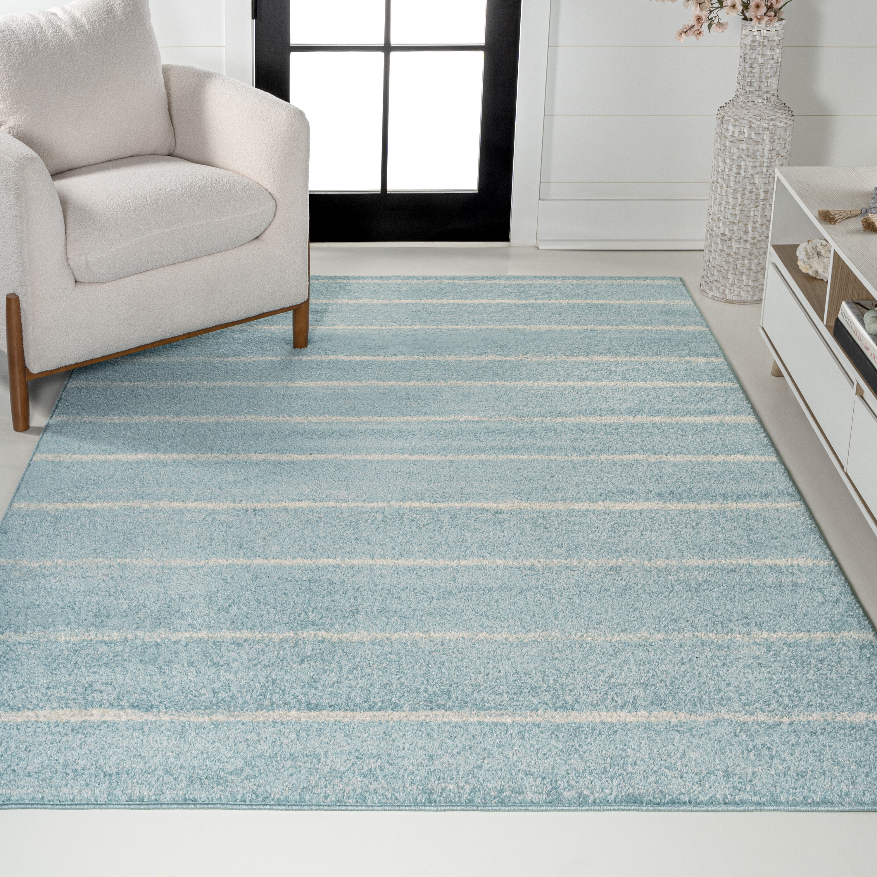 JONATHAN  Y MOH201B-4 Moroccan HYPE Williamsburg Minimalist 4 x 6 (ft) Loomed Polypropylene Turquoise/Cream Rectangular Indoor Stripe Mid-Century Modern Area rug