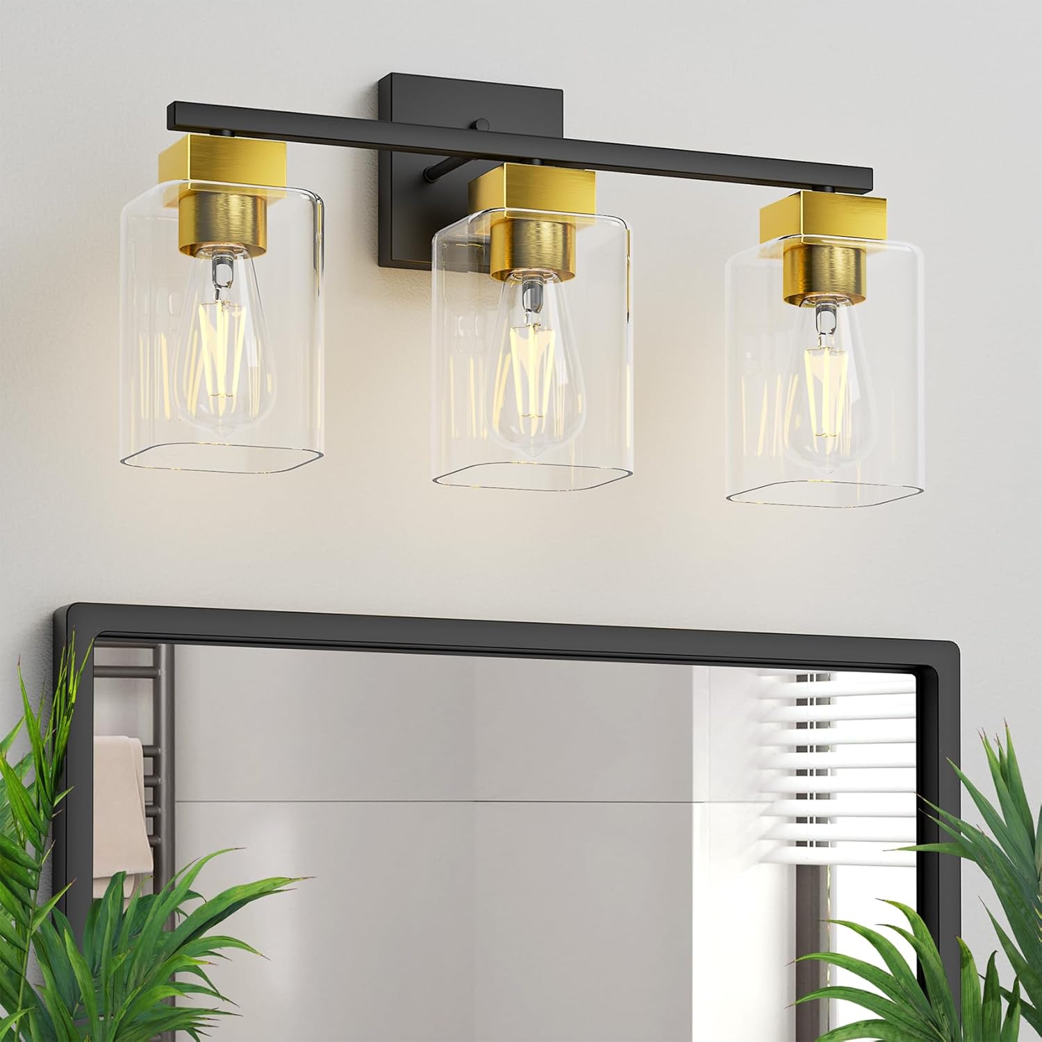 Espird 3-Light Matte Black and Brushed Gold Vanity Light Fixture with Clear Square Glass Shades and E26 Socket UL Listed 17.7 in Wide Over Mirror Wall Sconce