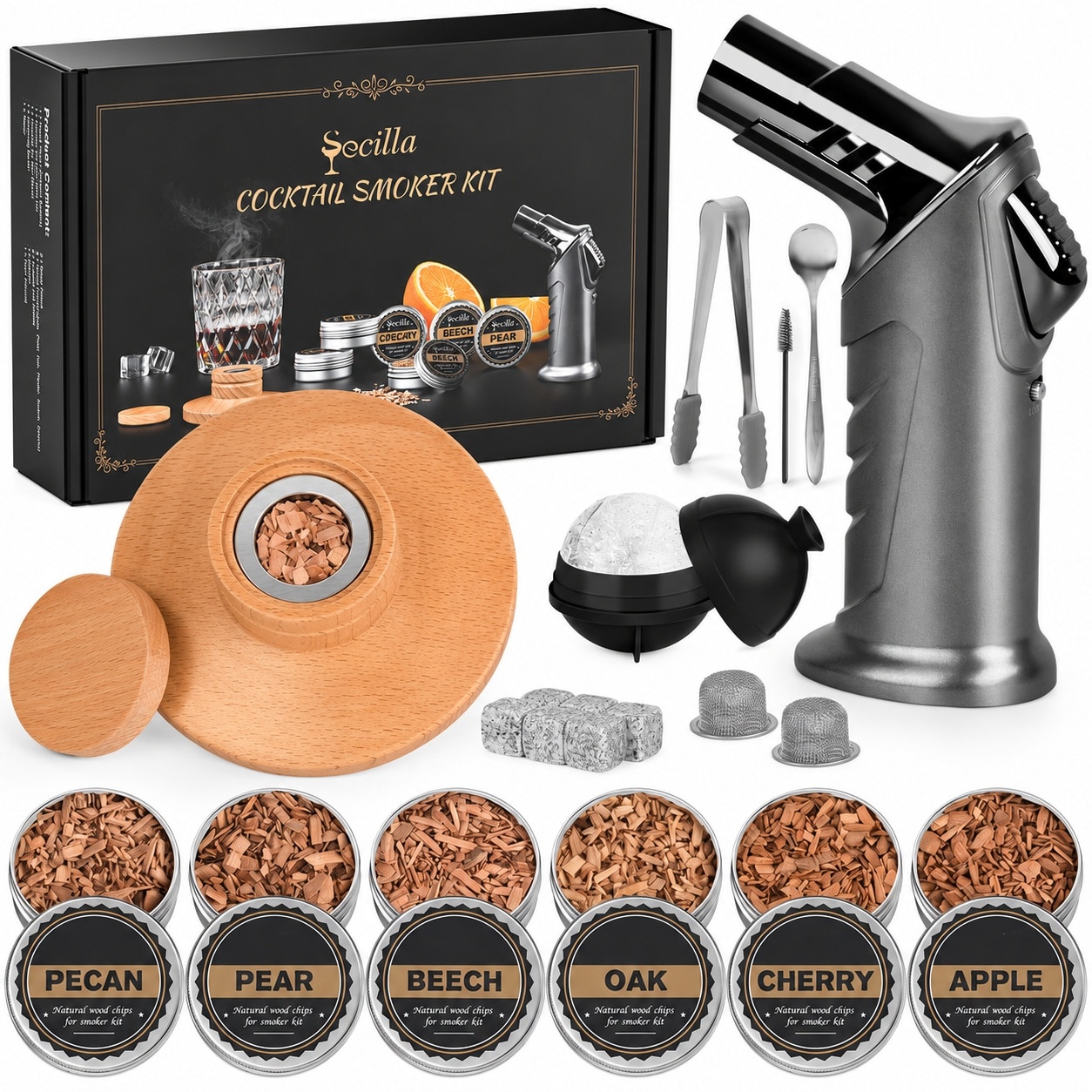 Etokfoks  Kit Whiskey Smoker Old Fashioned Cocktail Set with Torch and 6 Flavors Wood Chips for Kitchen Bar Use