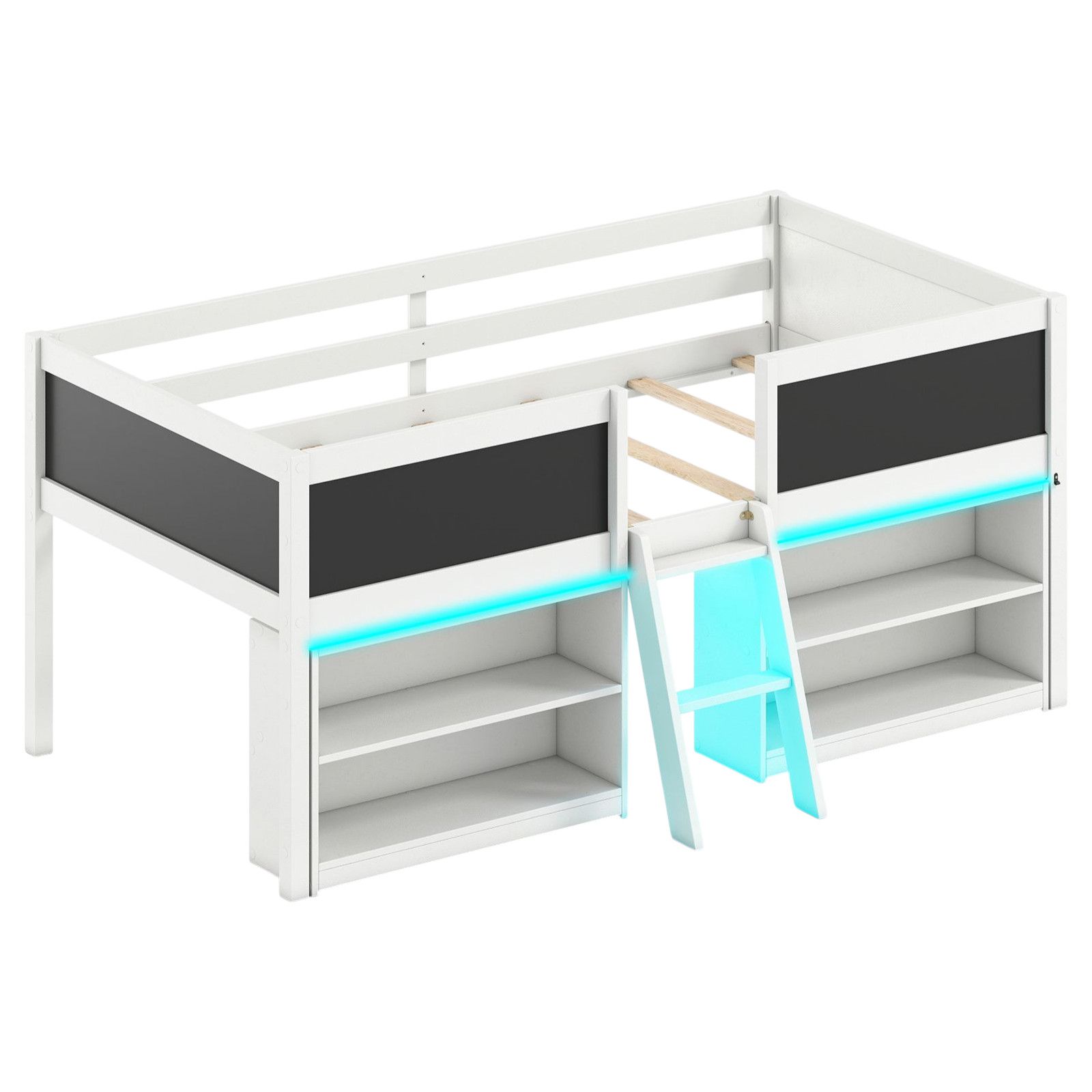 Slickblue - Gray and White Twin Low Loft Bunk Bed for Kids with LED Lighting and Storage Bookcases