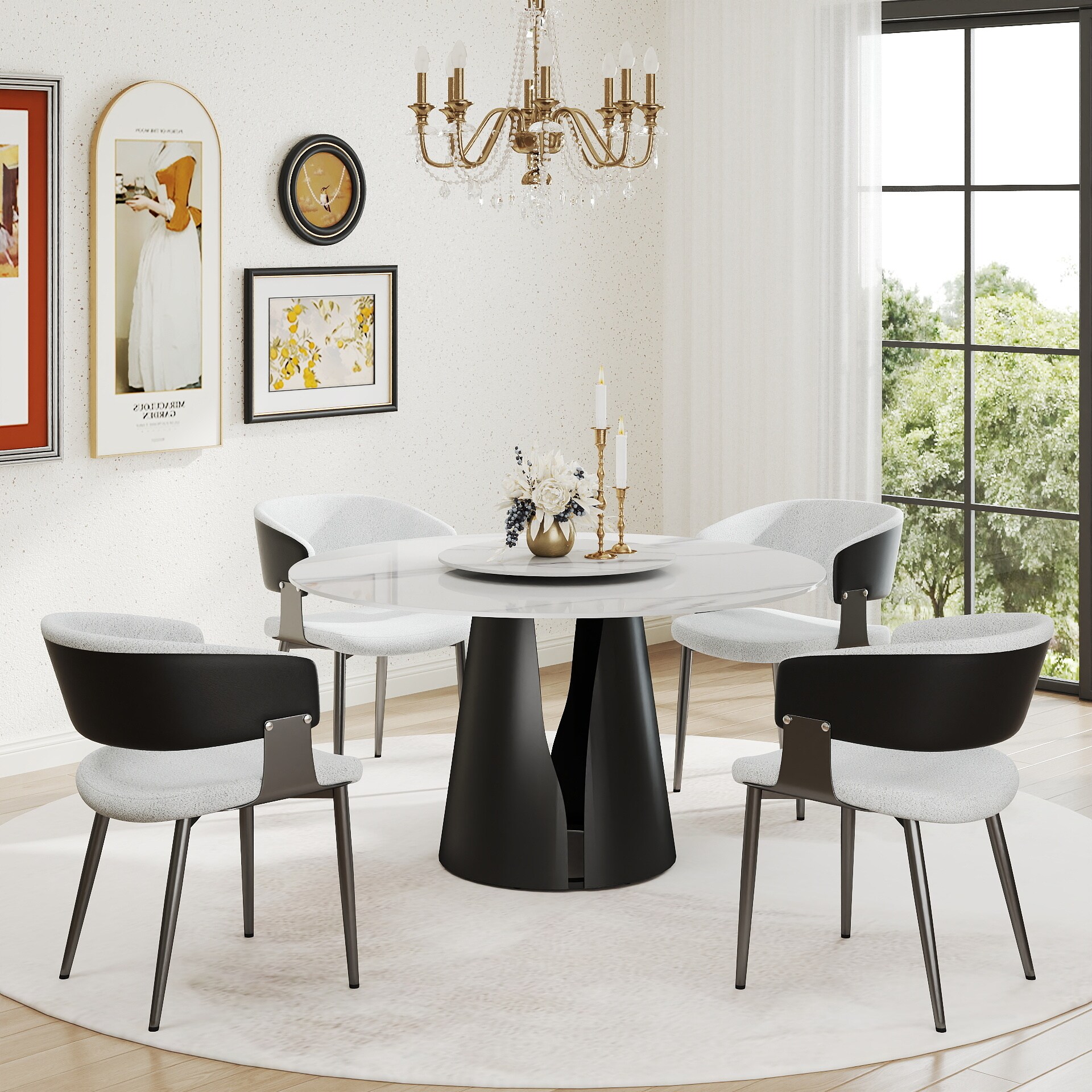 BuotiqHom DH-AT-135W60W3B 53 in. White + Lazy Susan Round Contemporary/Modern Dining Table, Ceramic with Primed Metal Pedestal Base 53-in L x 29.5-in H