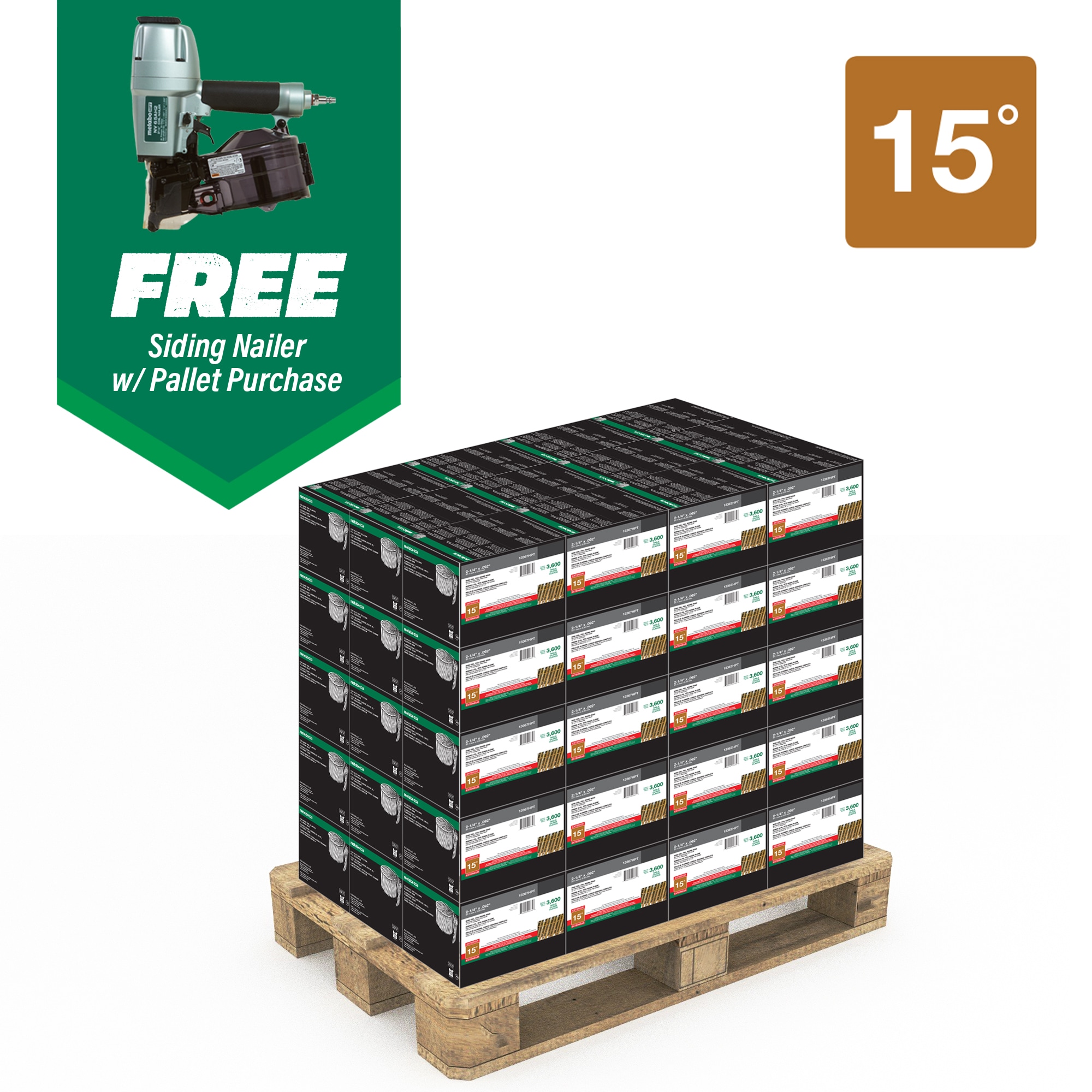 Metabo HPT 13367-NV65AH2M 2-1/4-in 15 -Degree Hot-dipped galvanized Ring Shank Wire Collated Siding Nails 216000 -Per Pallet