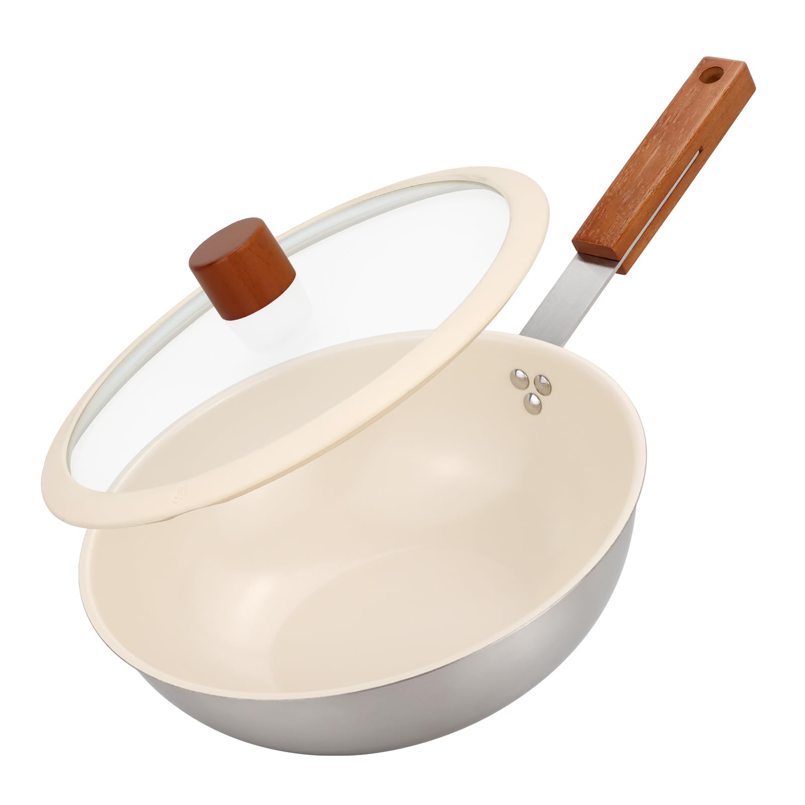 DHMHD  Ceramic Wok with Lid 9.5 Inch Stainless Steel Nonstick Stir Fry Pan with Wooden Handle Compatible with All Stovetops PFAS Free