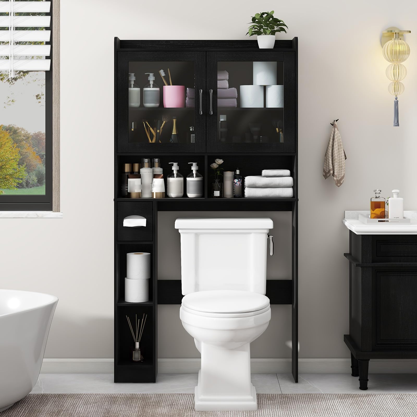 Vabches 32.3 x 67.8 x 7.7 Black Modern 4-Shelf Over-the-Toilet Storage with Glass Doors and Toilet Paper Holder