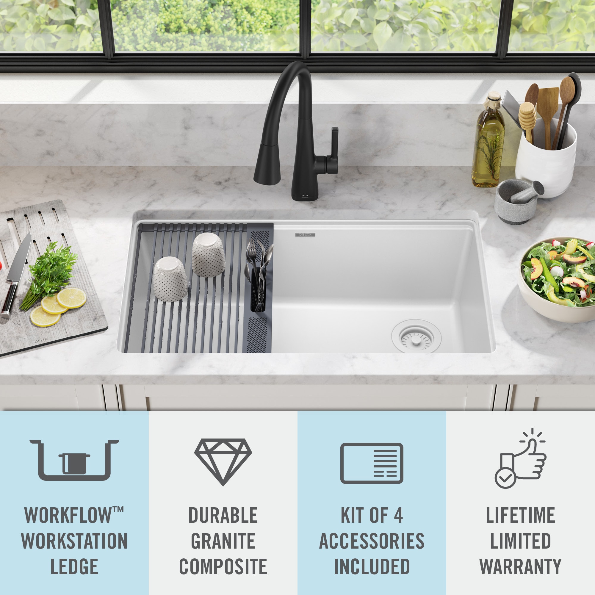 Delta - Rivet 32in Workstation Kitchen Sink Undermount 16 Gauge Stainless Steel Single Bowl with Workflow Ledge and Accessories