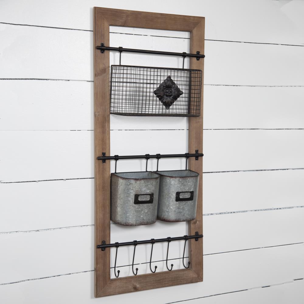 Pinnacle Metal and Wood Wall Organizer with Baskets and Hooks