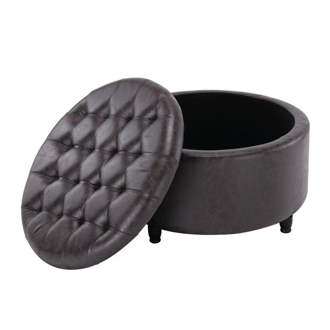 Eluxury Casual Black Faux Leather Round, Large Round Storage Ottoman
