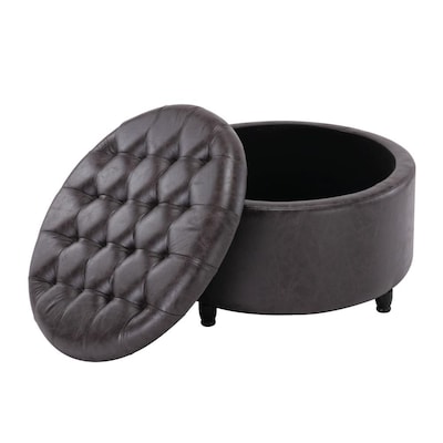 Eluxury Casual Black Faux Leather Round, Black Leather Round Tufted Ottoman