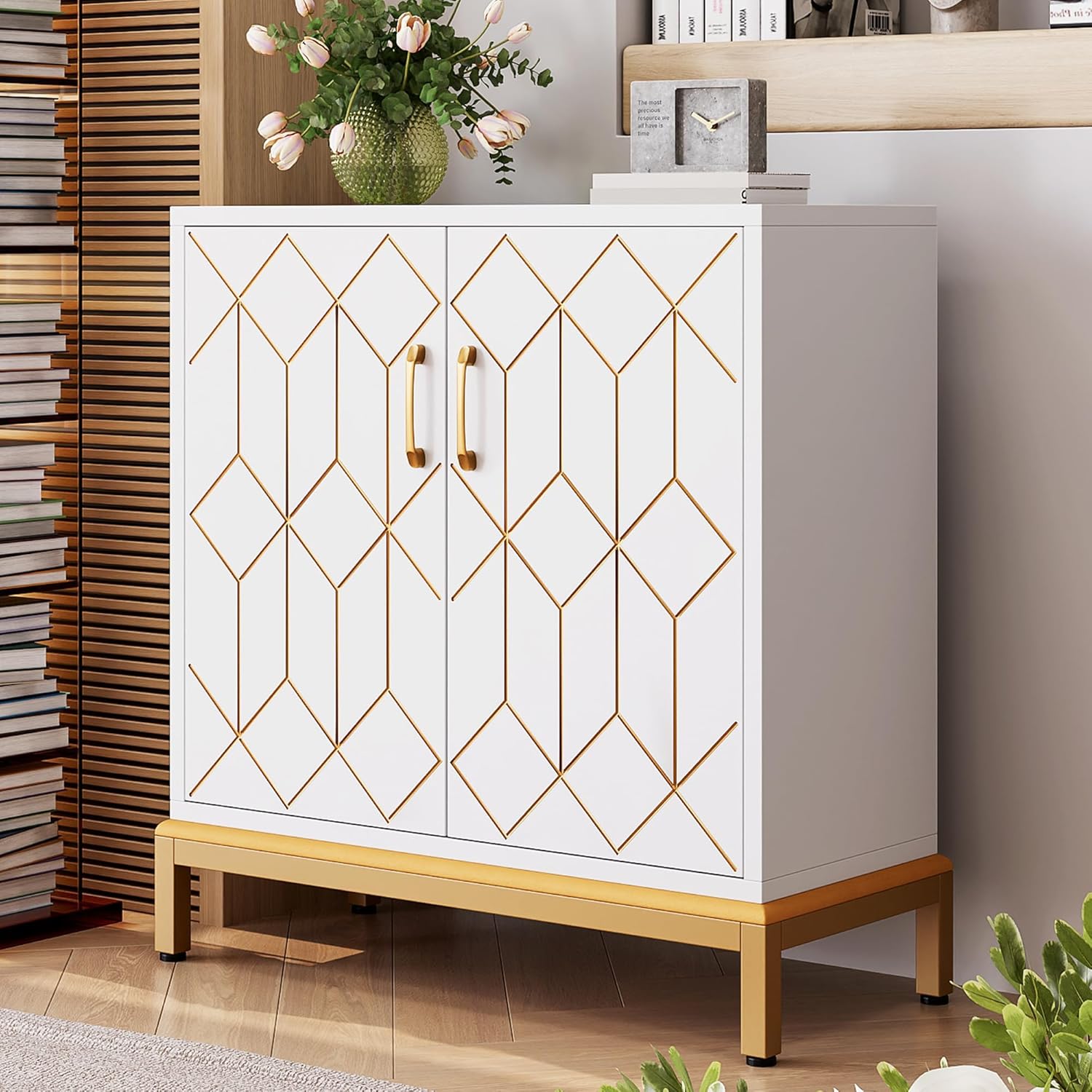 IdealHouse White Carved Storage Sideboard Cabinet Modern Buffet Unit With Ample Storage Shelves Doors For Kitchen Dining Office Living Spaces #WEHHZ-H5050TXW2WMA