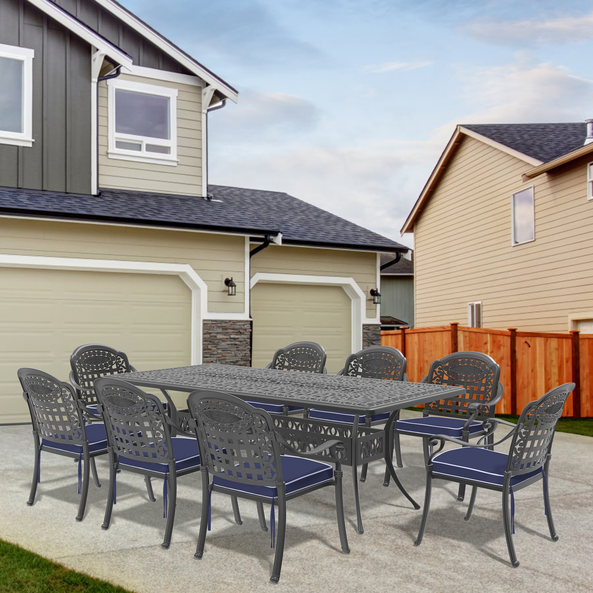 nicesure SLBK6012CZ8A1119RC 9 -Piece Black Patio Dining Set Aluminum Rectangle Table with 8 Cushions Stackable Stationary Chairs