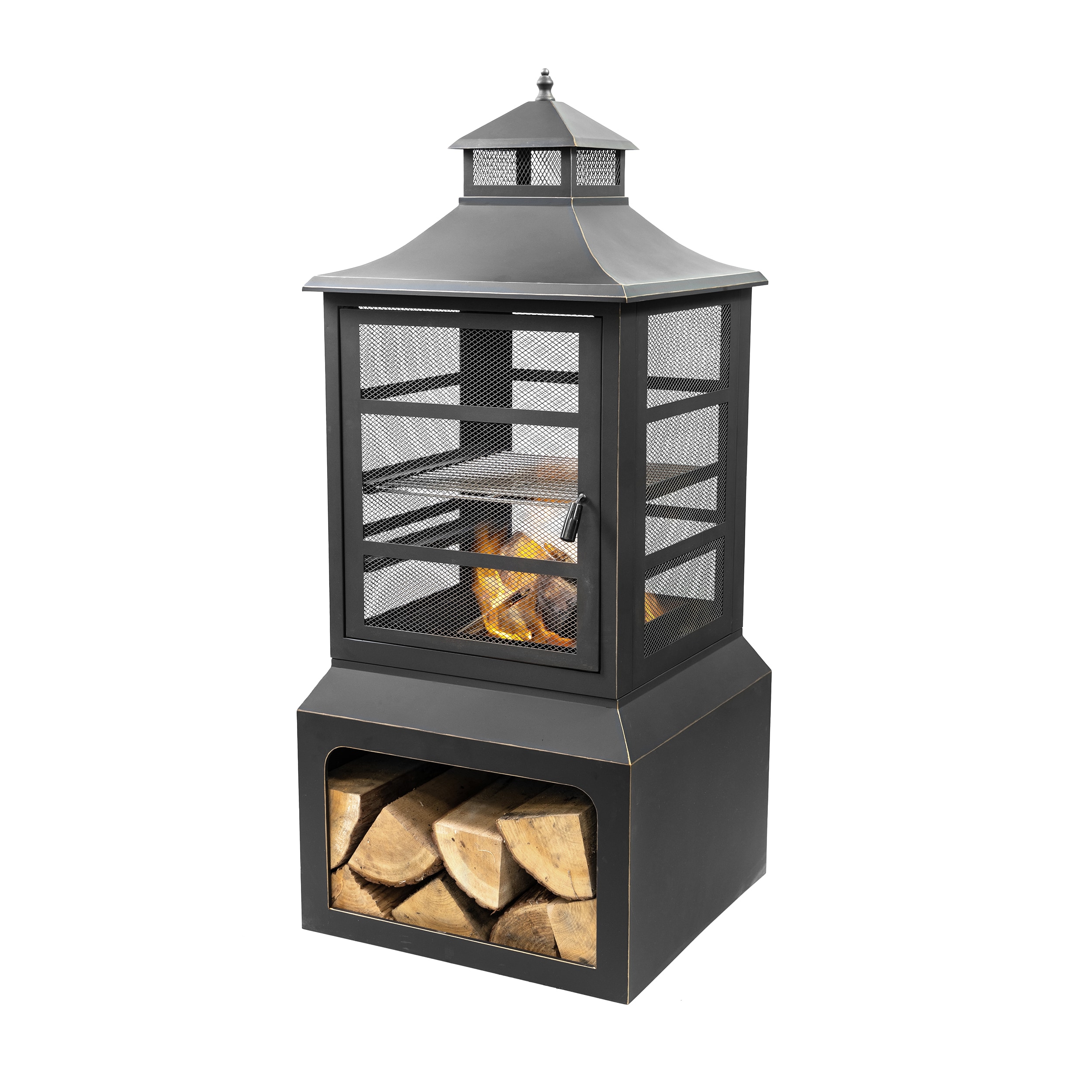 Black Steel Wood Burning Fire Pit with Log Storage