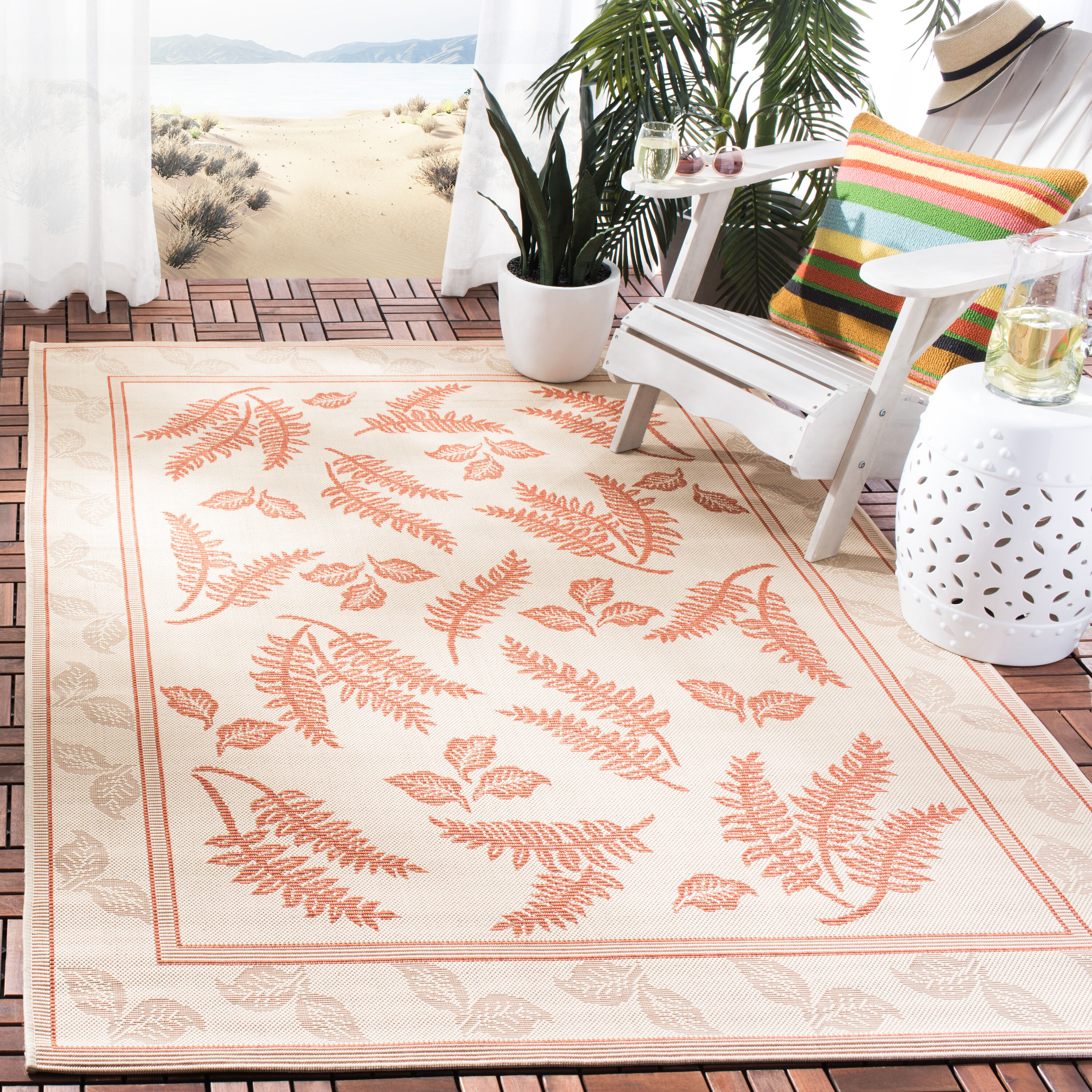 Safavieh CY0772-3201-3 Courtyard Florette 3 x 5 (ft) Loomed Polypropylene Natural/Terra Rectangular Indoor/Outdoor Floral/Botanical Coastal Throw rug