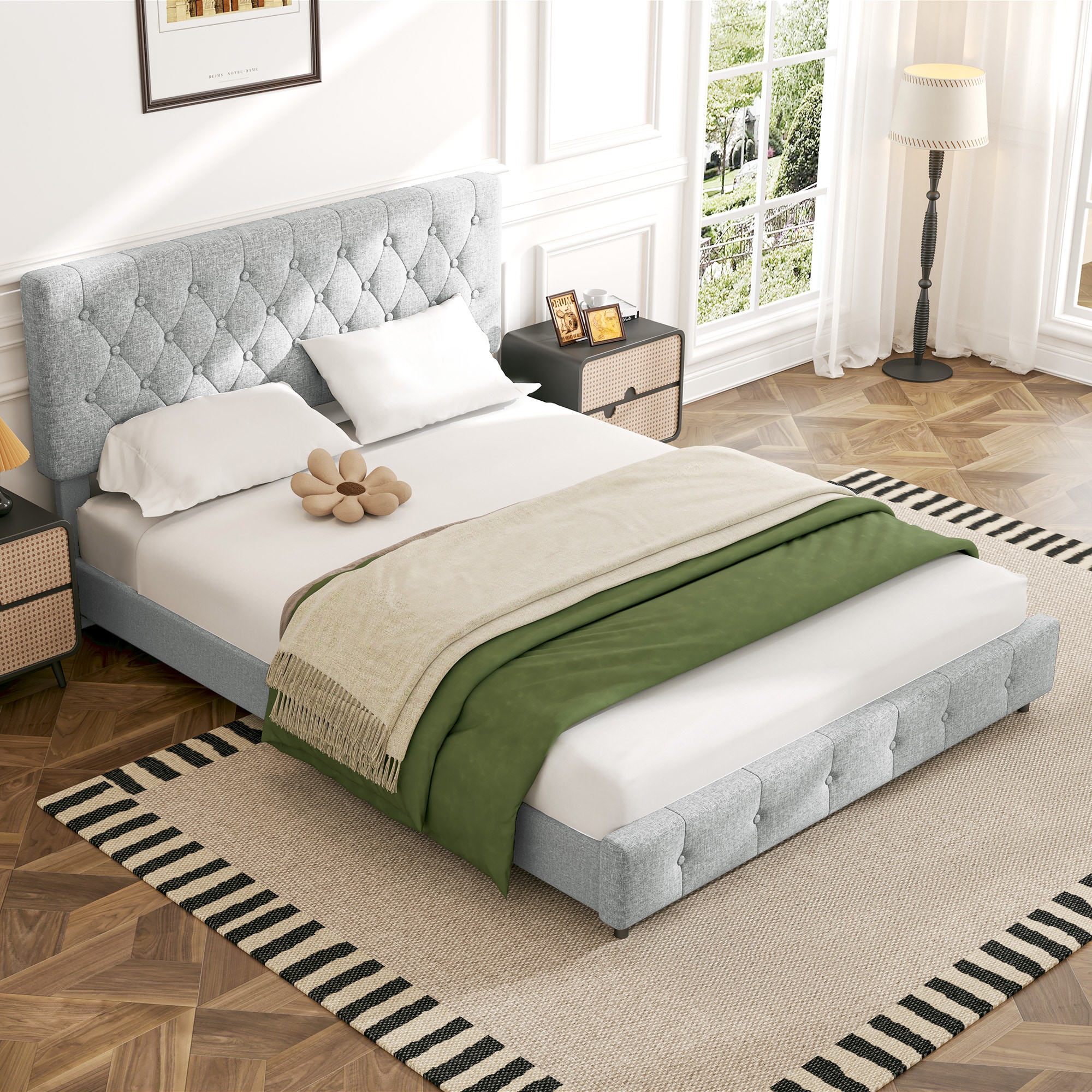 VOUA SAF-SBLXZ-BE White Queen Wood and metal Bed frame Bed with Storage