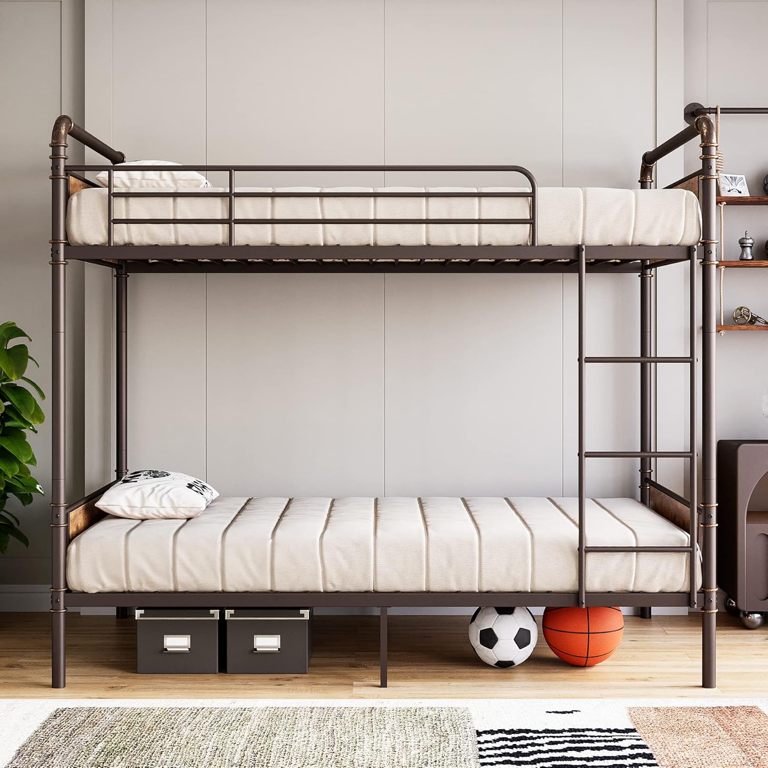 Qeetex LHF-BED-PHO-14XXXXVJ Metal Bunk Bed Twin Over Twin Twin Bunk Beds Heavy Duty Twin Size Metal Bunk Bed with High Guardrail and Ladders Convertible Bunk Beds for Kids Adults No Box Spring Needed Brown