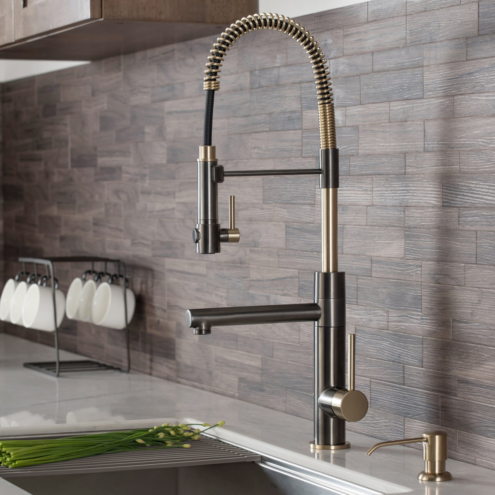 Black Stainless Steel and Brushed Gold Commercial Kitchen Faucet with Pull-Out Spray