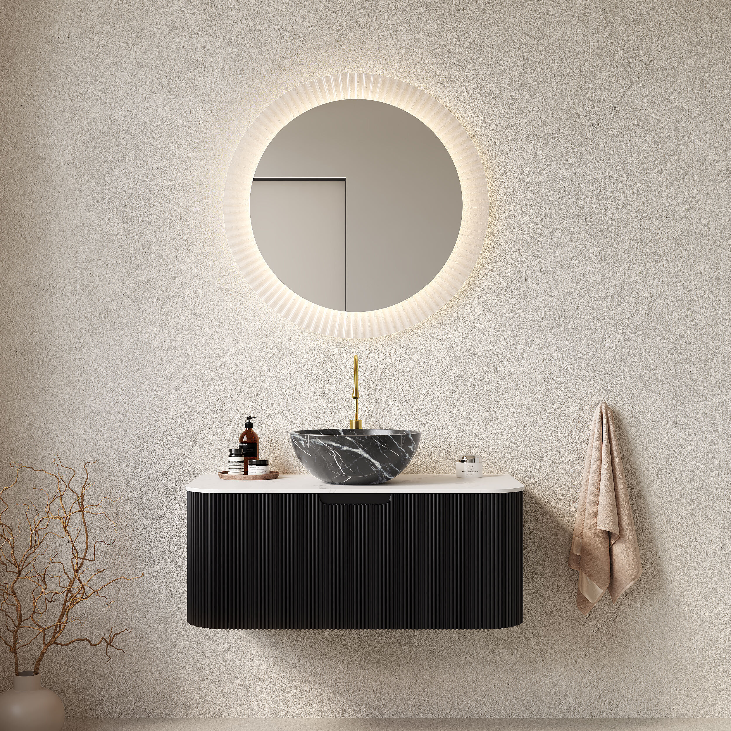 LUXEYARD DINA 36in Bathroom Vanity with Sink Wall-Mounted Floating Curved Edges Striped Bathroom Storage Cabinet with Drawer Black Bowl Ceramic Basin with Stone Pattern Pre-assembled Black Color