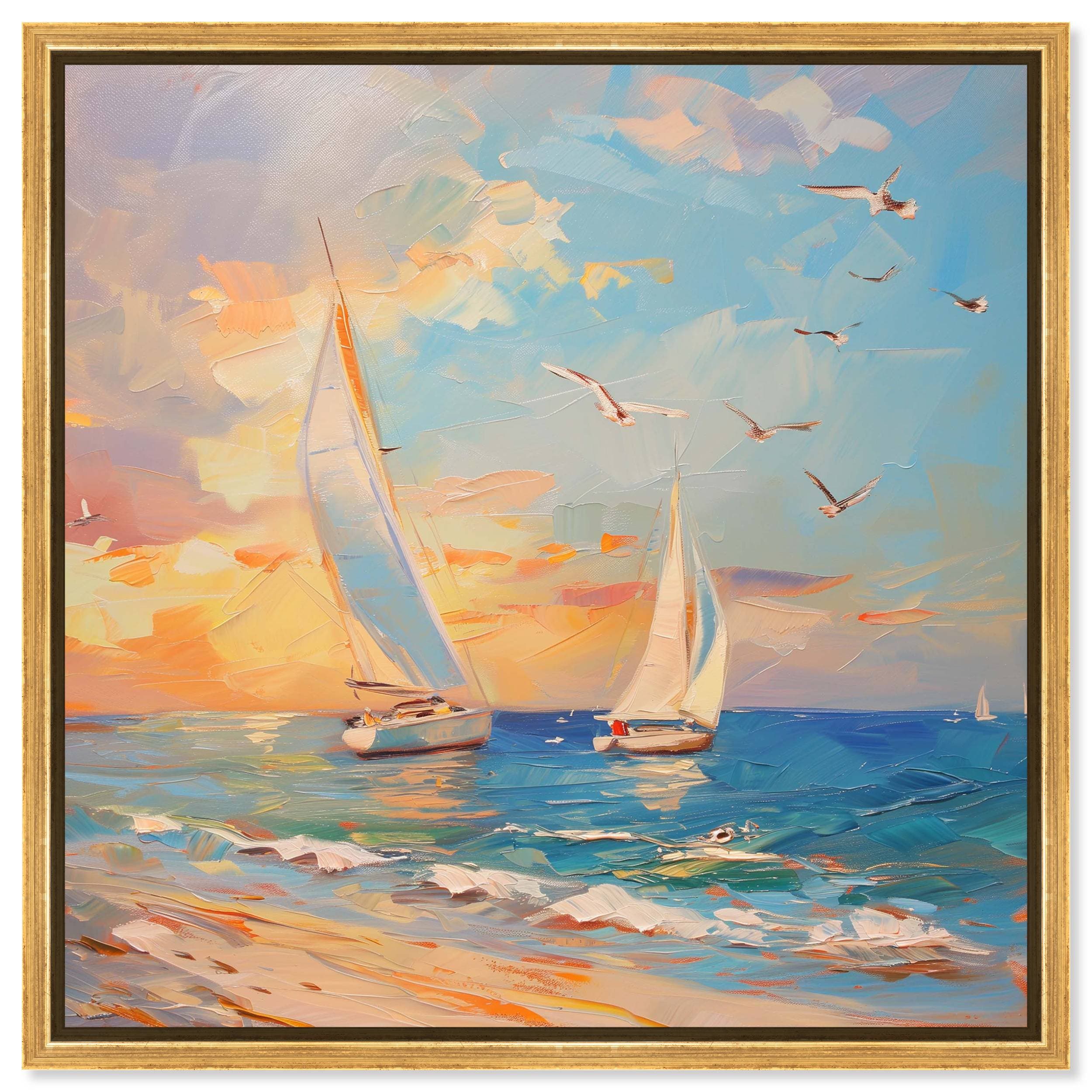 Art Remedy 005605700PNQS94 Sailboats in the Sunset Coastal Print by  Gold Frame 16 x 16