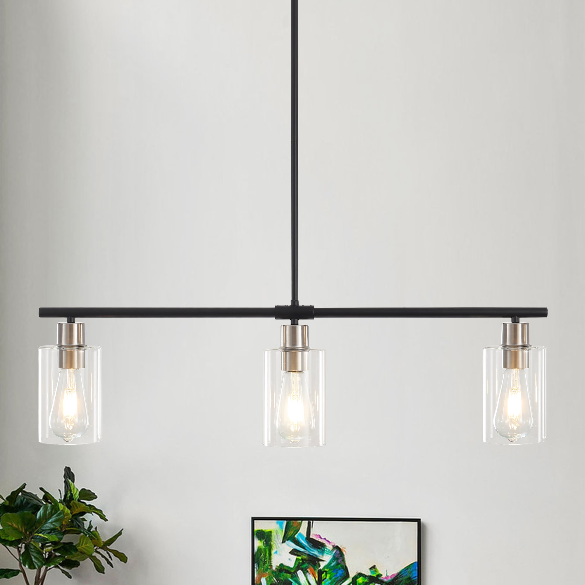 Zjvaive 3-Light 31inch Modern Nickel And Black Linear Pendant Light With Clear Glass Shade for Multiple Spaces